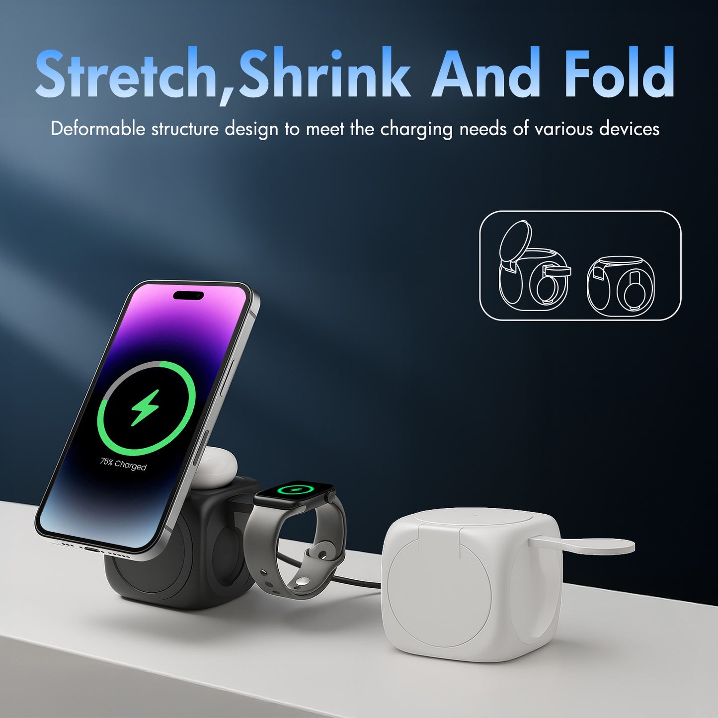 Foldable Magnetic Wireless Charger for iPhone Airpods iWatch, Portable 3 in 1 Charging Station Cube For Apple Multiple Devices - Travel Charging Pad Dock Compatible with Apple 12 and above series