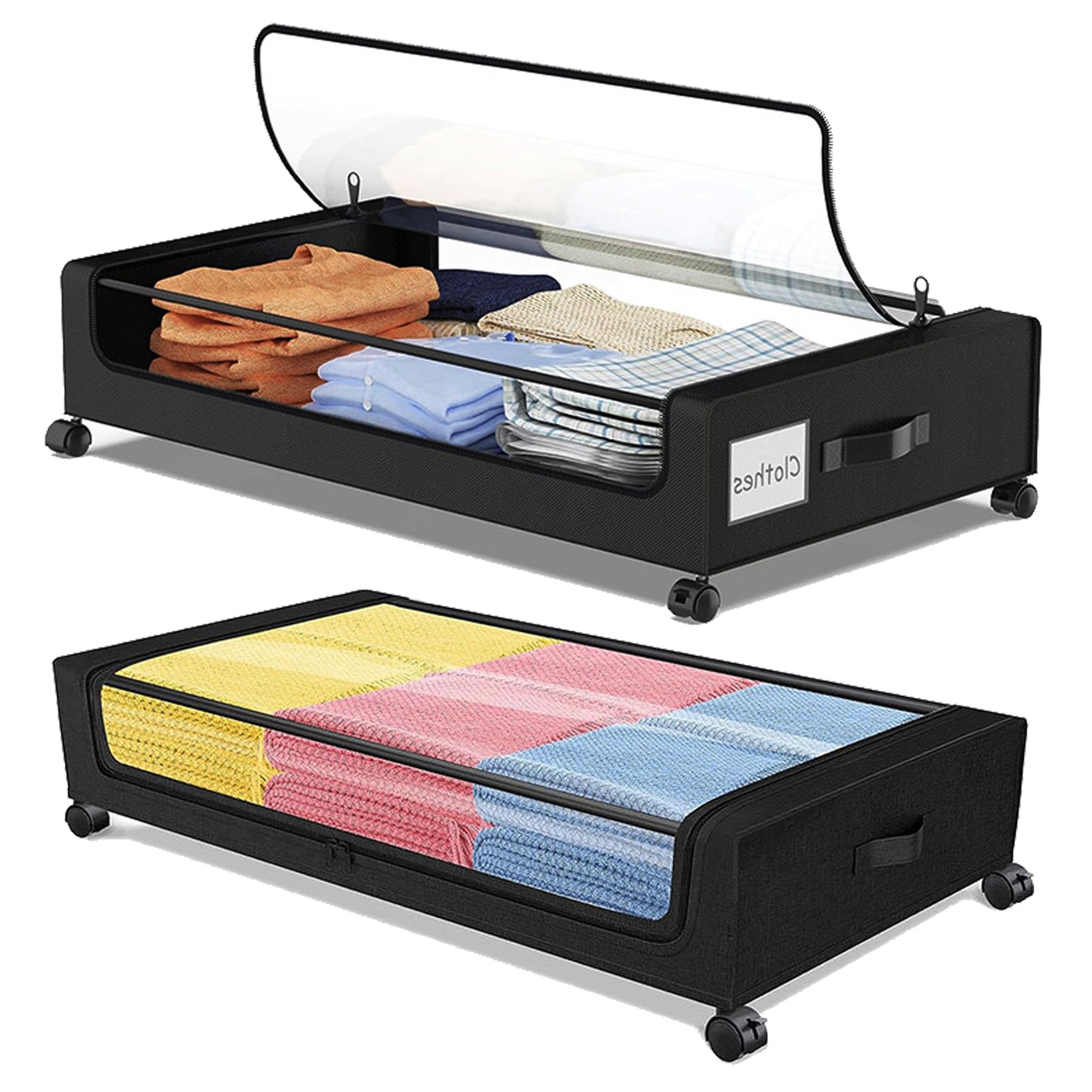 Under Bed Storage with Wheels, 2-Pack Under the Bed Storage Containers with Clear Lids & Label, Underbed Storage Bins, XXL 60L Rolling Metal Drawer for Clothes, Shoes, Toys, Books - Black