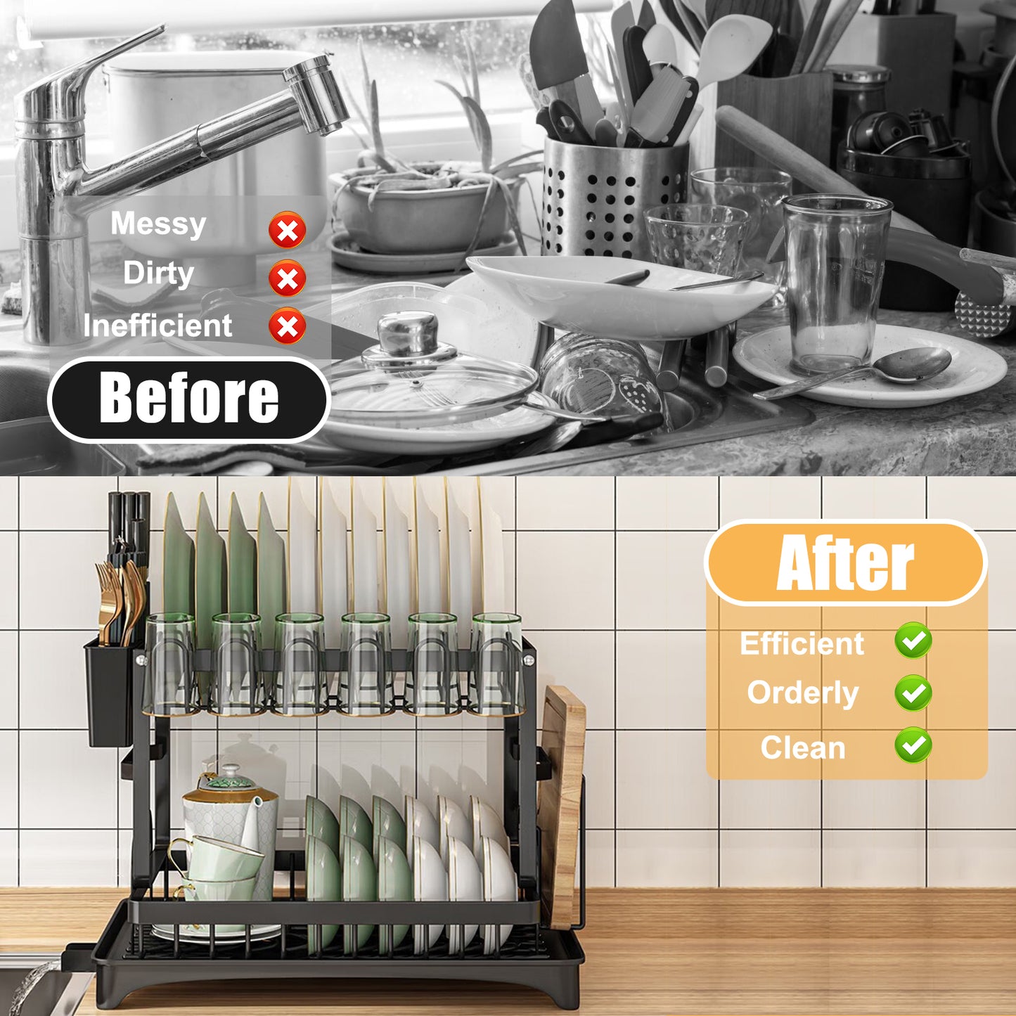 Baokaler Dish Drying Rack, 2 Tier Dish Racks with Water Tray Dish Drainer for Kitchen Counter with Utensil & Cup Holder