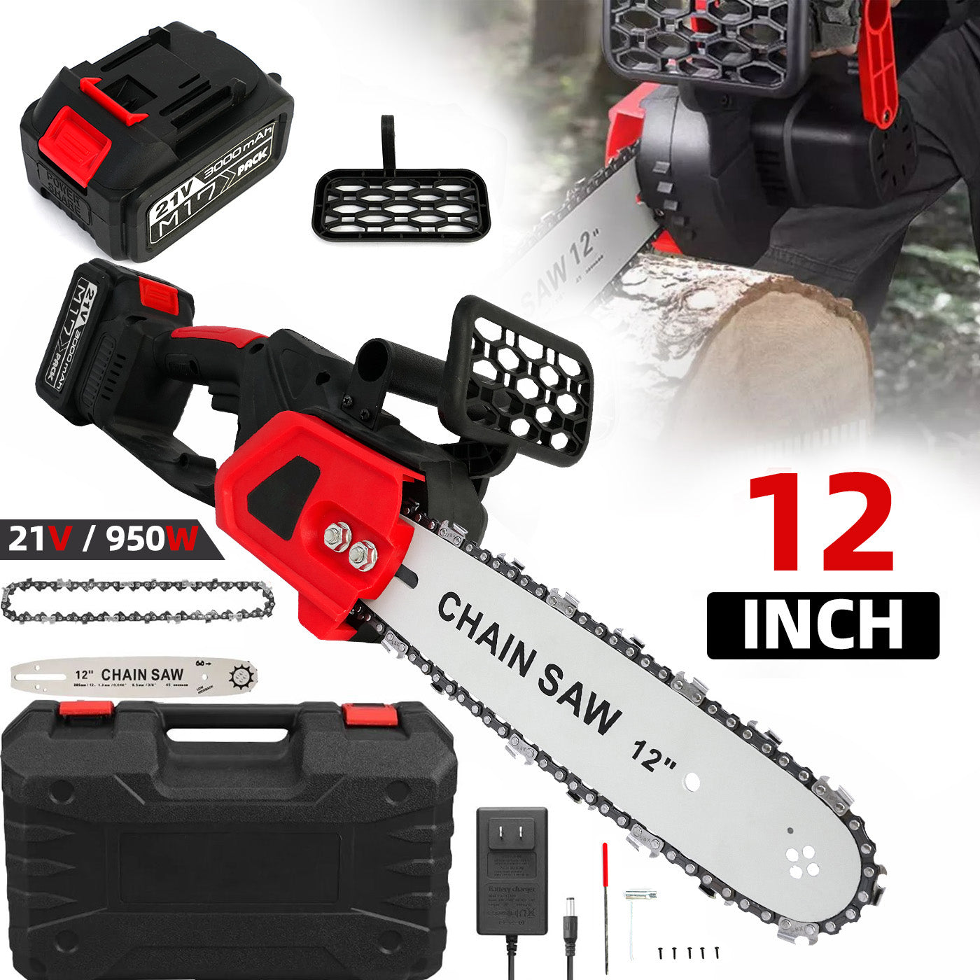 CATGOOD 12" Cordless Chainsaw, 950W Brushless Motor Battery Chain Saw with 21V Rechargeable 3.0Ah Battery and Charger for Wood Cutting
