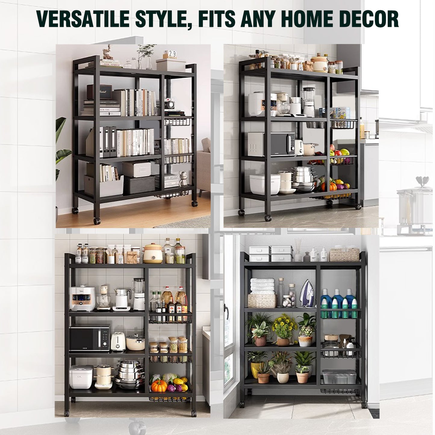 Freestanding Kitchen Storage Rack, Multi-Functional Multi-Layer Mobile Storage Shelf, 4 Tiers with 3 Baskets, Suitable for Kitchen, Bedroom, Living Room, and Balcony