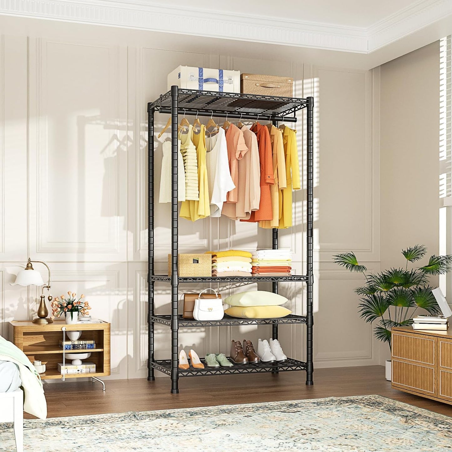 BAOKALER Clothes Rack Heavy Duty Clothing Rack for Hanging Clothes Adjustable Metal Wire Shelving with 4 Fabric Drawers, DIY Freestanding Wardrobe, 400lbs Load Capacity, Black