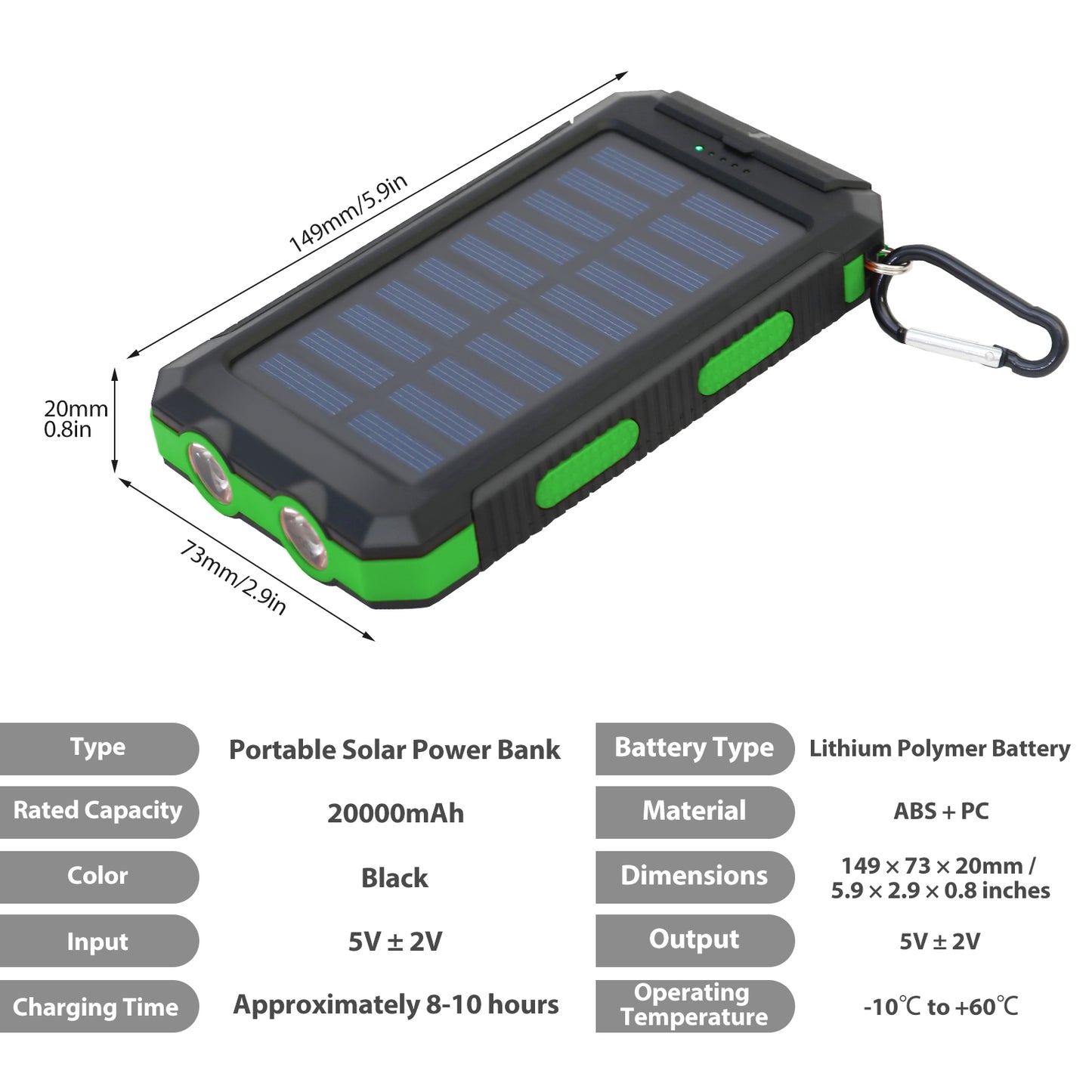CATGOOD Solar Charger for Cell Phone 20000mAh, Portable Solar Power Bank with Dual 5V USB Ports, 2 Led Light Flashlight, Compass (Green)