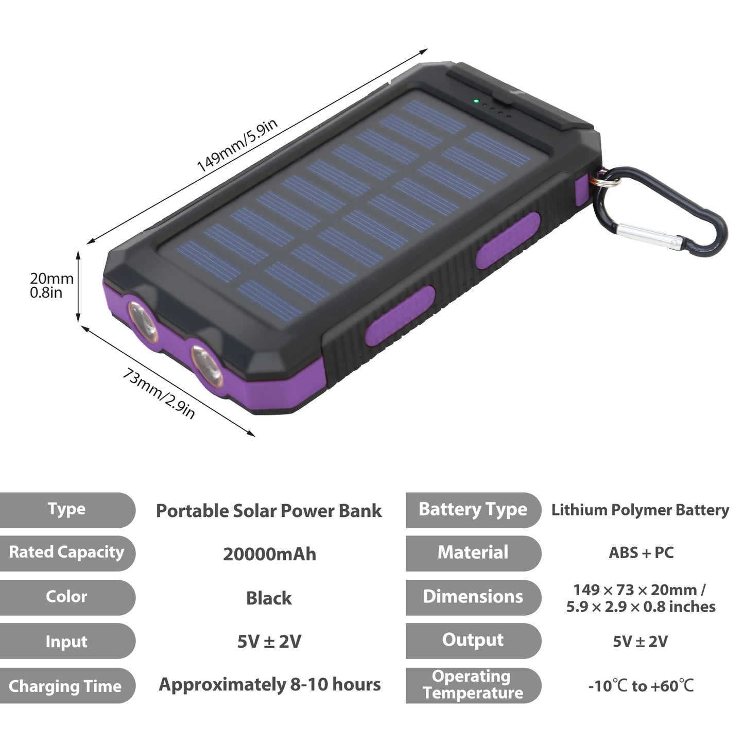 CATGOOD Solar Charger for Cell Phone 20000mAh, Portable Solar Power Bank with Dual 5V USB Ports, 2 Led Light Flashlight, Compass (Purple)