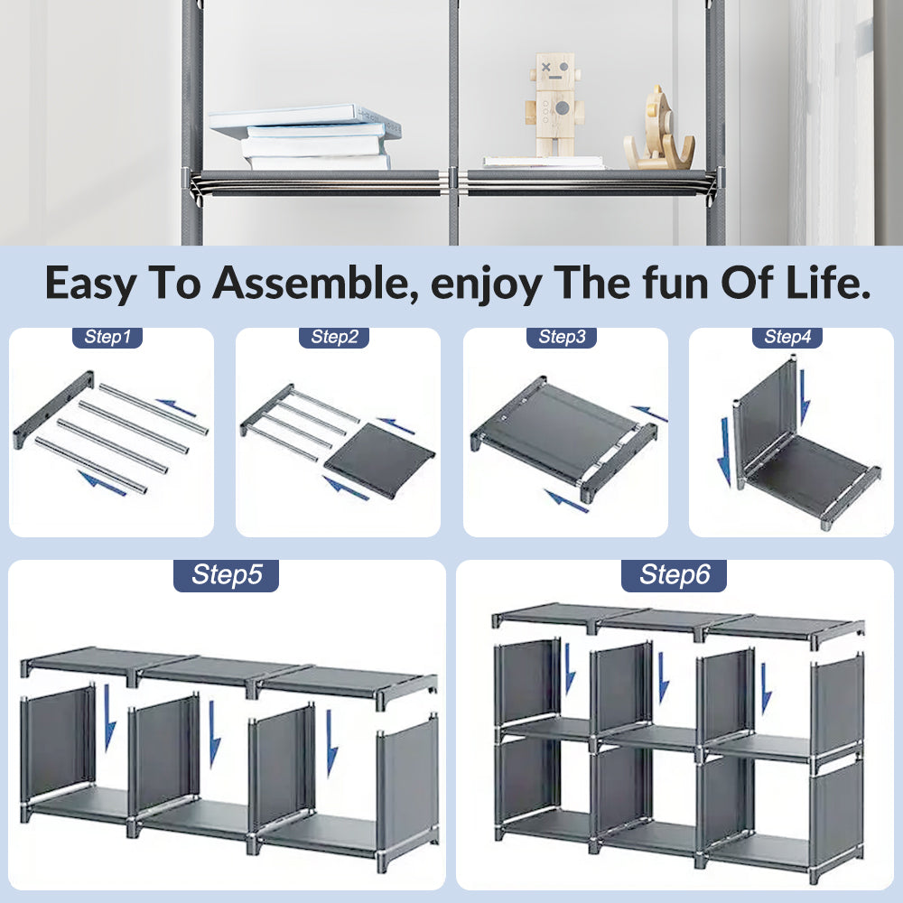6-Tiers Portable Bookshelf with Fabric Cloth at Back, 10 Cube Closet Storage Organizer Bookcase, Living Room,Study Room,Bedroom, Grey