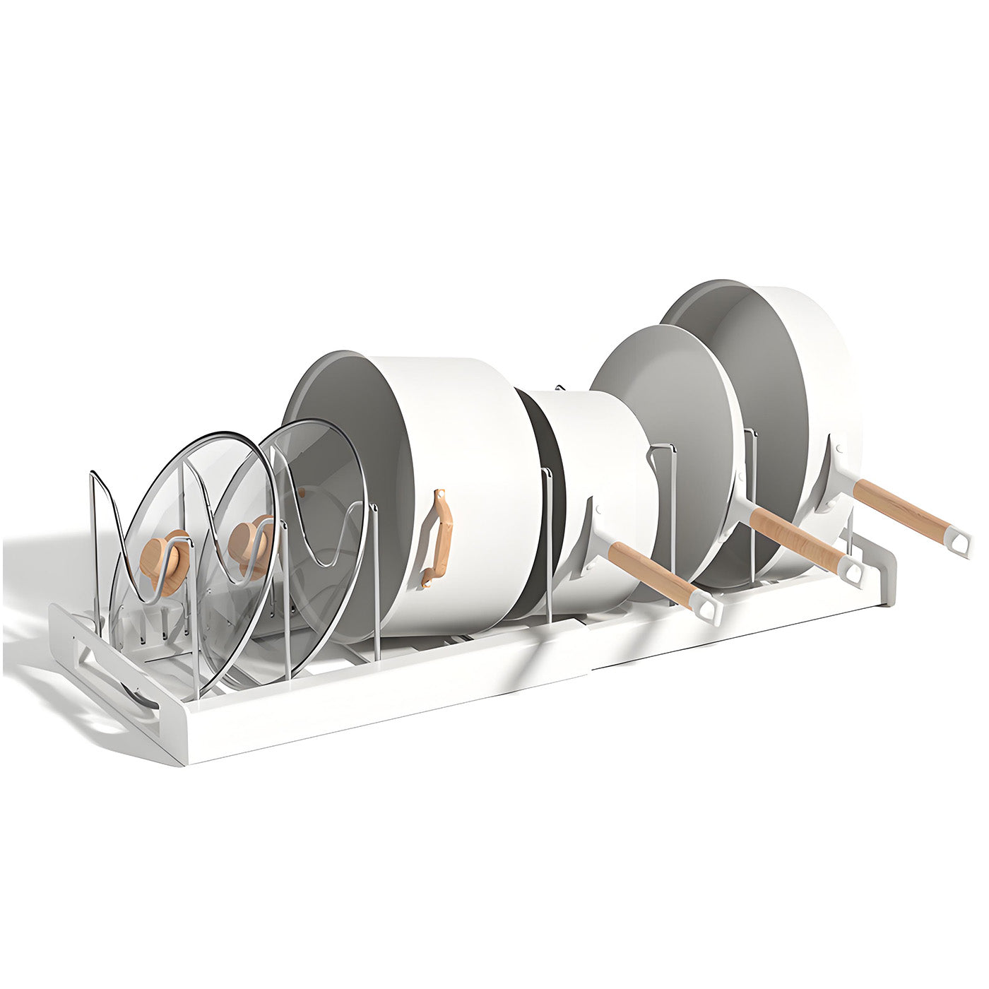 Expandable Pan Organizer with 12 Adjustable Shelves, Multifunctional Pots and Pans Organizer Rack for Kitchen Cabinets, Stainless Steel Pan Rack Lid Holder, White