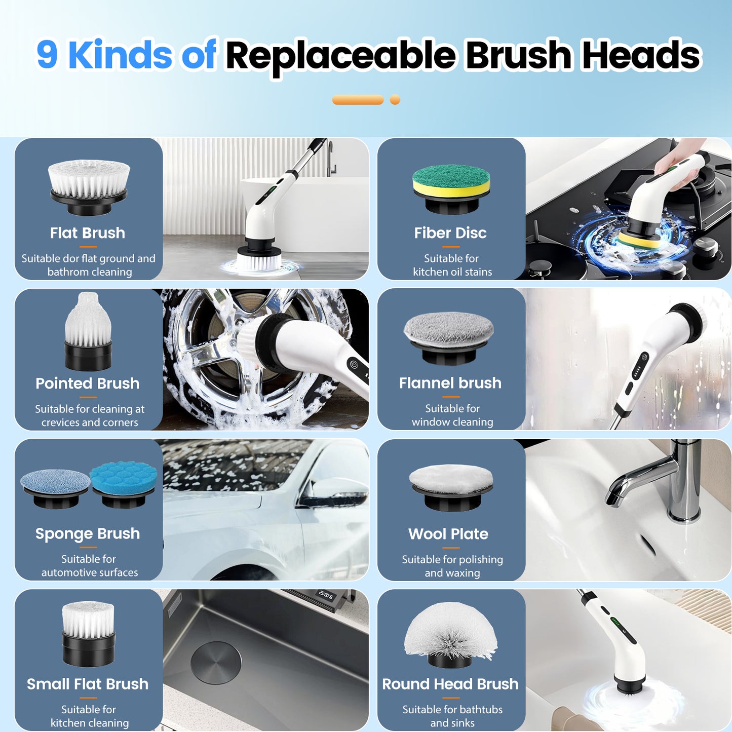 CATGOOD Power Scrubber 3 Adjustable Speeds, Electric Spin Scrubber, Cordless Cleaning Brush with 8 Replaceable Brush Heads, Adjustable & Detachable Long Handle