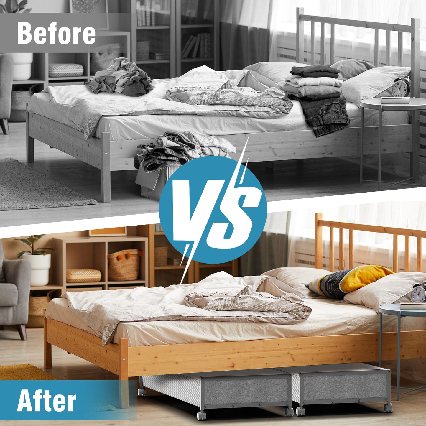 Under Bed Storage with Wheels, 2Pack Under Bed Storage Containers, Under Bed Shoe Storage Organizer, Rolling Under Bed Metal Drawer for Clothes, Blankets,Gary