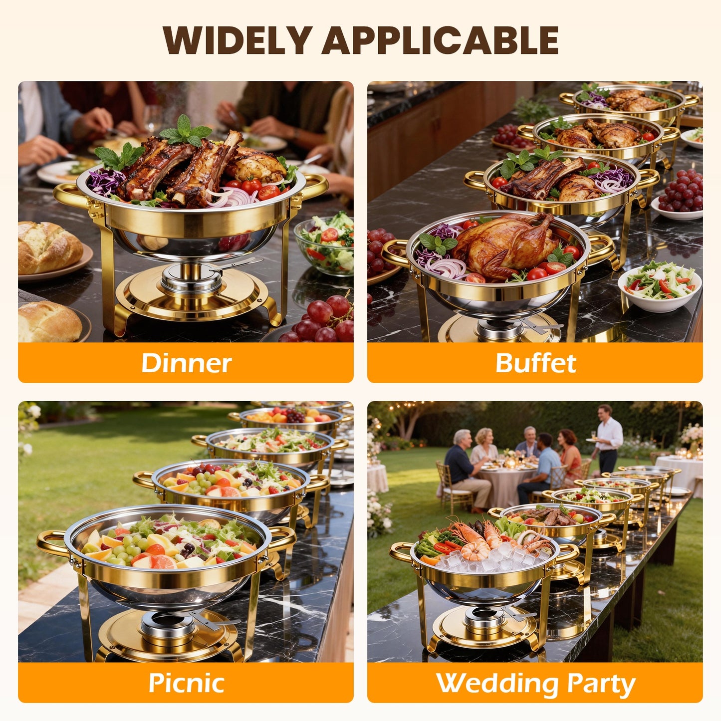 CATGOOD 4 Pack with Tongs 6QT Round Chafing Dish Buffet Set, Buffet Warmers with Glass Lids & Gold Stands, Smooth Thick Edge, Easy Clean, Side Lid Rest for Home Banquet