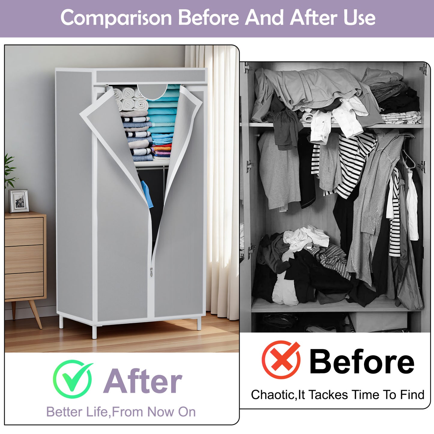 Wardrobe Closet for Hanging Clothes, Bedroom Clothes Closet Storage Organizer, Fabric Wardrobe, Portable Closet with Hanging Rods, Gray
