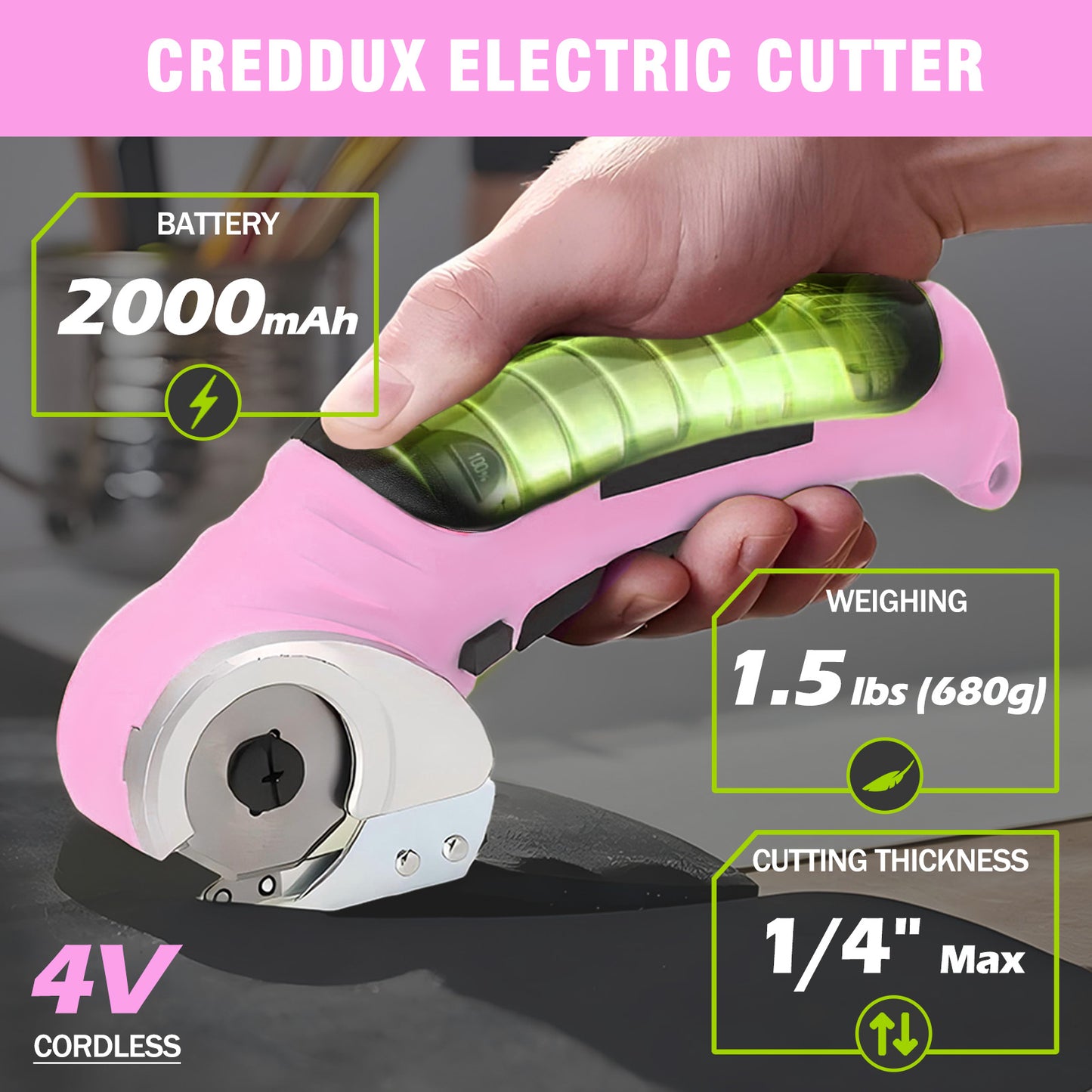 Cordless Electric Scissors, Cardboard Cutter, Rechargeable Powerful 4V Scissor Cutting Tool for Cardboard, Fabric, Leather, Pink