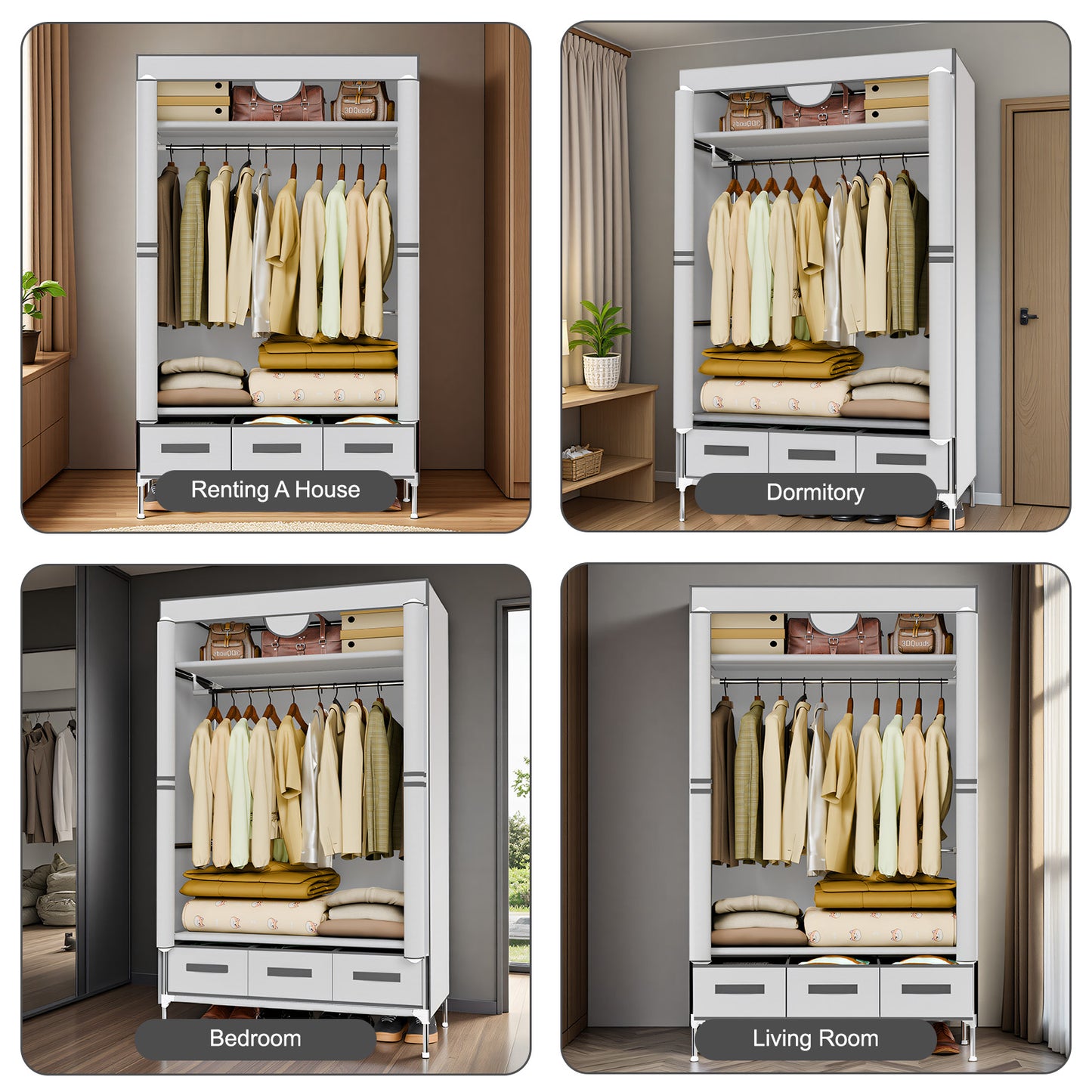 Portable Closet Wardrobe with 3 Storage Drawersfor Home Bedroom, 67 Inches Tall Closet Organizer with Hanging Space for Coats and Bags, turdy & Easy to Assemble, Off-White