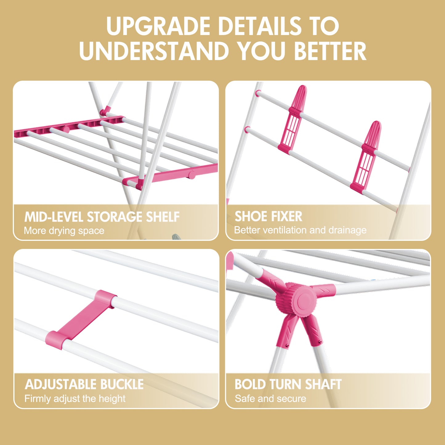 2-Tier Collapsible Clothes Drying Rack, Height-Adjustable Laundry Rack for Drying, Rustproof Clothes Dryer Hanger with Wings for Home, Red