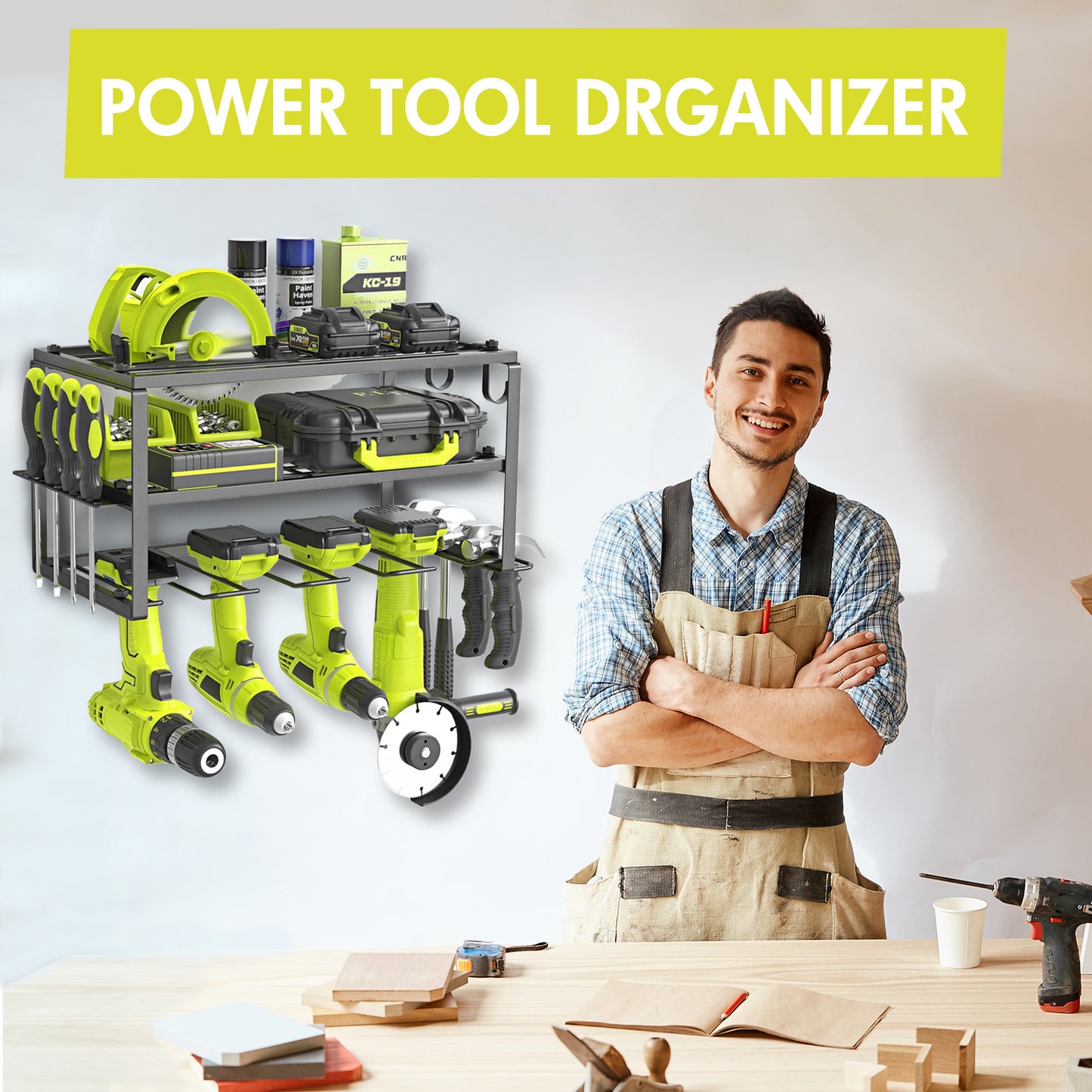 ALSO GO Power Tool Organizer, 3 Layers Storage Rack with 4 Drill Holders, Garage Storage Shelving Wall Mounted, Floating Tool Shelf Wall Mounted