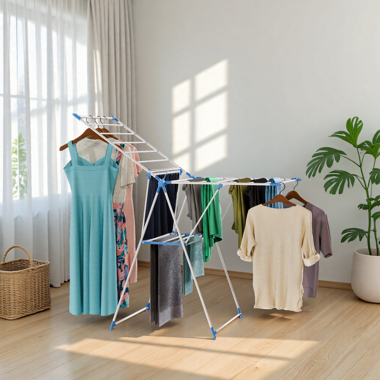 Portable 2-Layer Wing-Style Foldable Clothes Rack with Adjustable Height Wings, Suitable for Indoor/Outdoor Use, Blue
