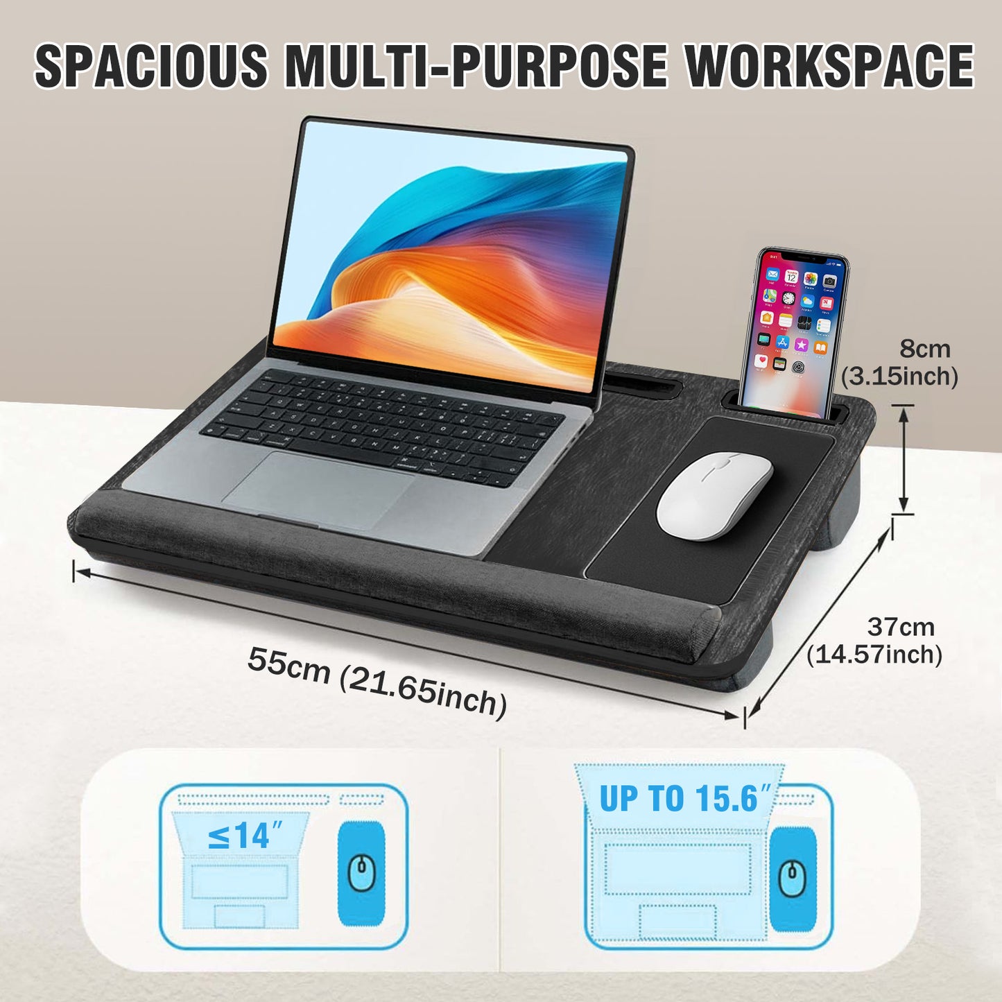 Portable Lap Desk for Laptop, Wood Lapdesk Bed Table with Handle, Black