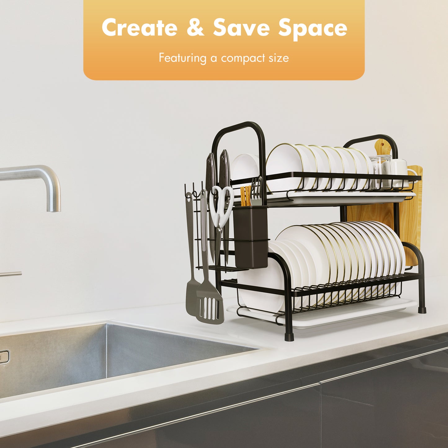 Dish Drying Rack, Kitchen Organization Storage Shelf Dish Drainer Rust-poof Dish Racks for Organizer Home Kitchen Counter with Drainboard, Utensil Holder, Cutting Board Holder