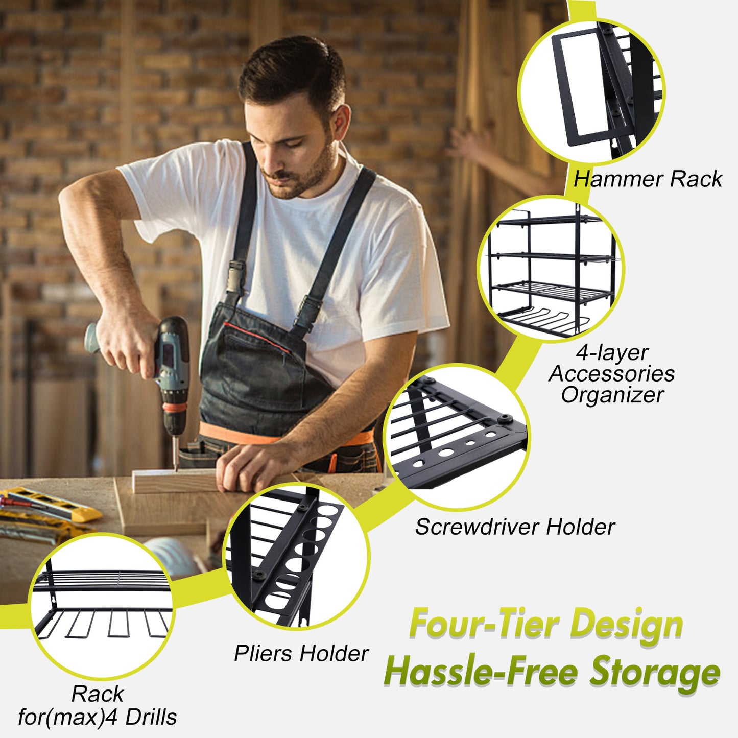 ALSO GO 4 Layers Power Tool Organizer, Heavy Duty Metal Tool Storage Rack, Drill Holder Wall Mount, Battery Tools Holder Shelf, Utility Tool Shelves for Workshop or Garage, Black