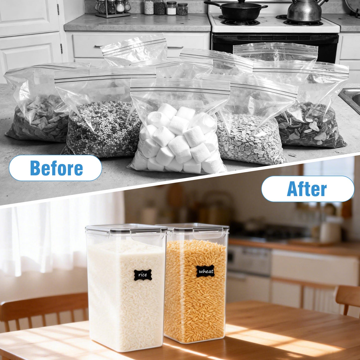 9.5L (4-Pack) Airtight Food Storage Containers Set with Chalkboard Labels, 1 Marker & 4 Measuring Cups - Clear Grain Jars, BPA-Free, Stackable (Brown Box)