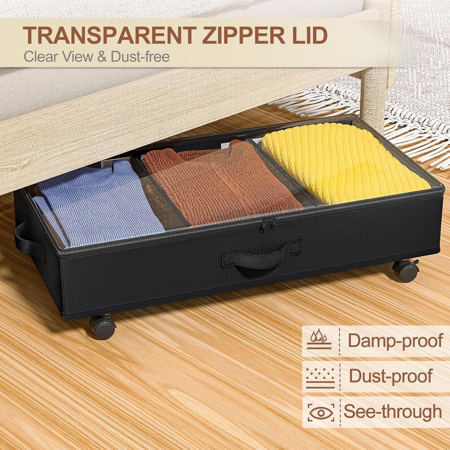 Under Bed Storage with Wheels, Under Bed Storage Containers, Under the Bed Storage Organizer with Clear Lids - Rolling Drawers & Bins for Clothes,Shoes,Toys, 2-Pack (Black)