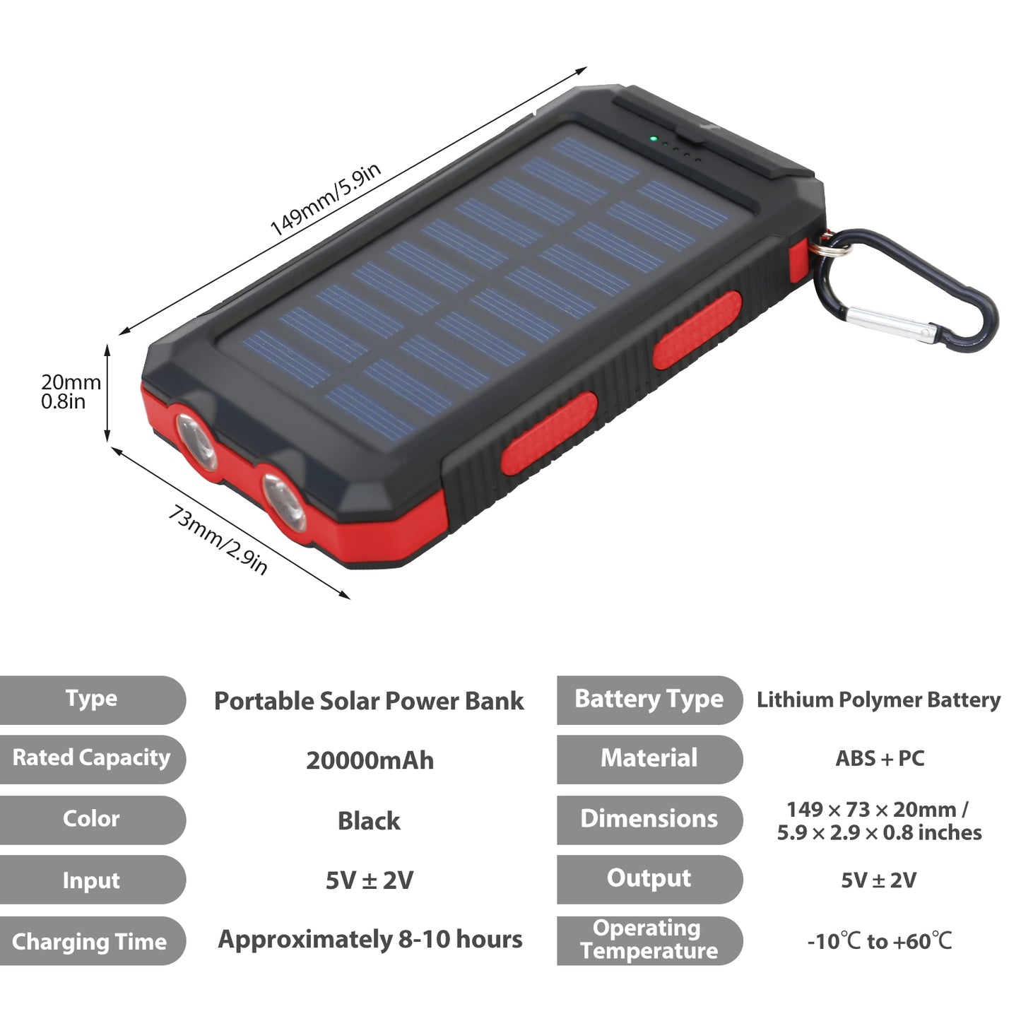 CATGOOD Solar Charger for Cell Phone 20000mAh, Portable Solar Power Bank with Dual 5V USB Ports, 2 Led Light Flashlight, Compass (Red)