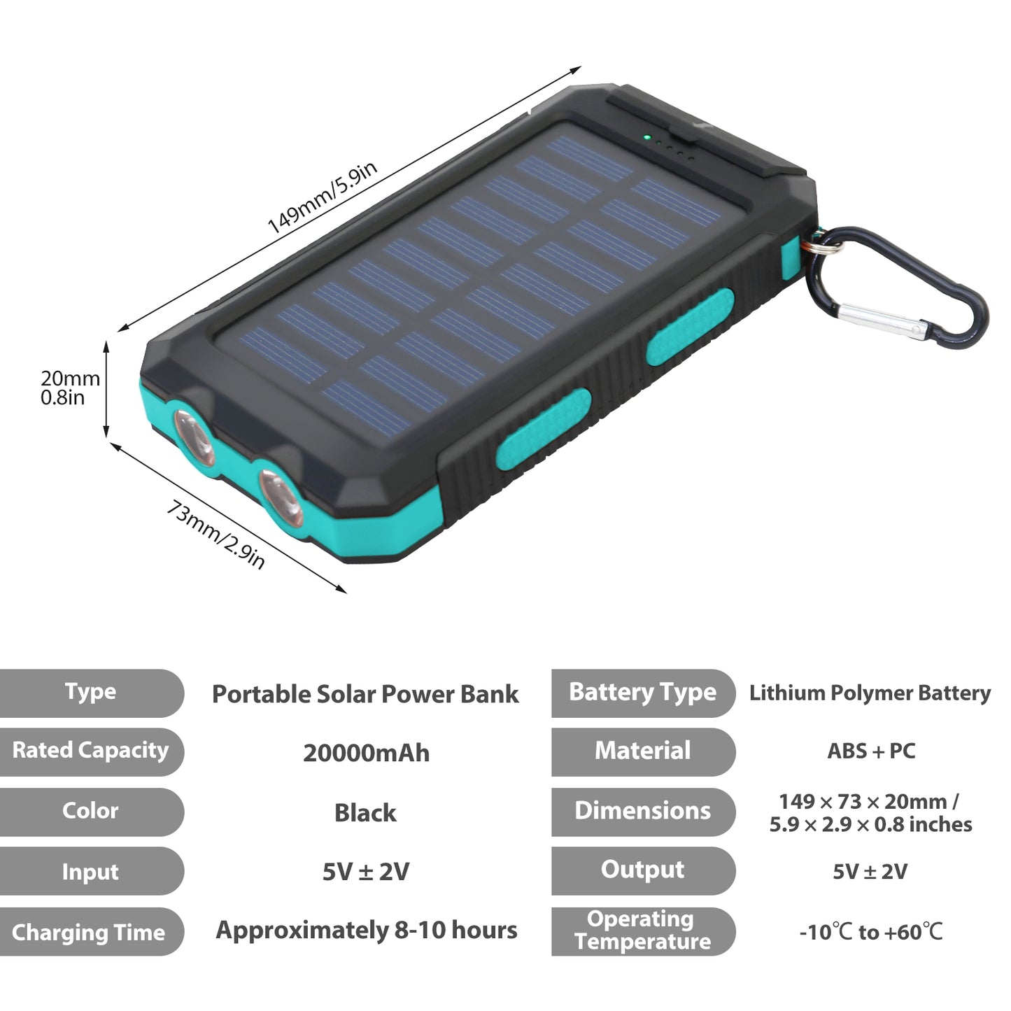 CATGOOD Solar Charger for Cell Phone 20000mAh, Portable Solar Power Bank with Dual 5V USB Ports, 2 Led Light Flashlight, Compass (Blue)