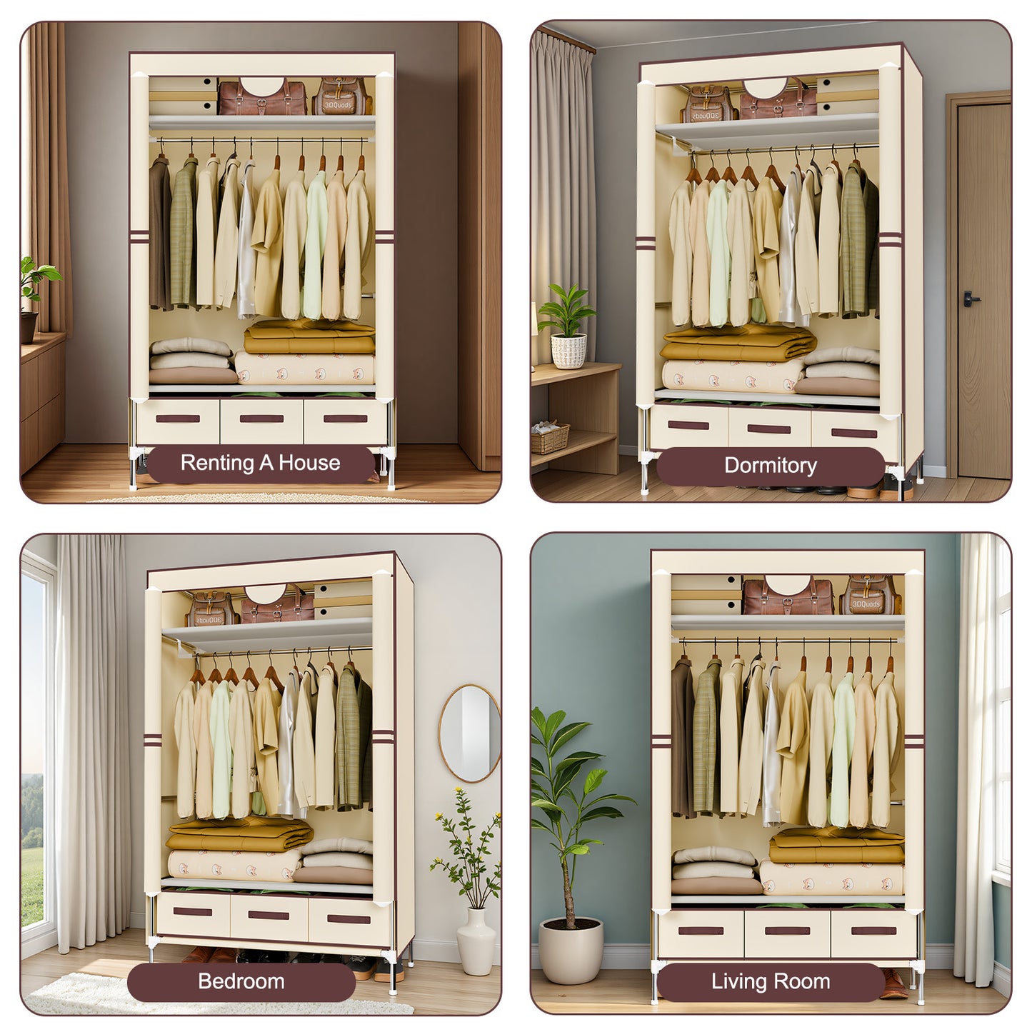 Durable Clothes Storage, Non-Woven Fabric Portable Closet Hanging Closet Organizers and Storage, Easy to Assemble, Includes 3 Storage Drawers, Ideal for Rentals, Dorms, Bedrooms, Beige