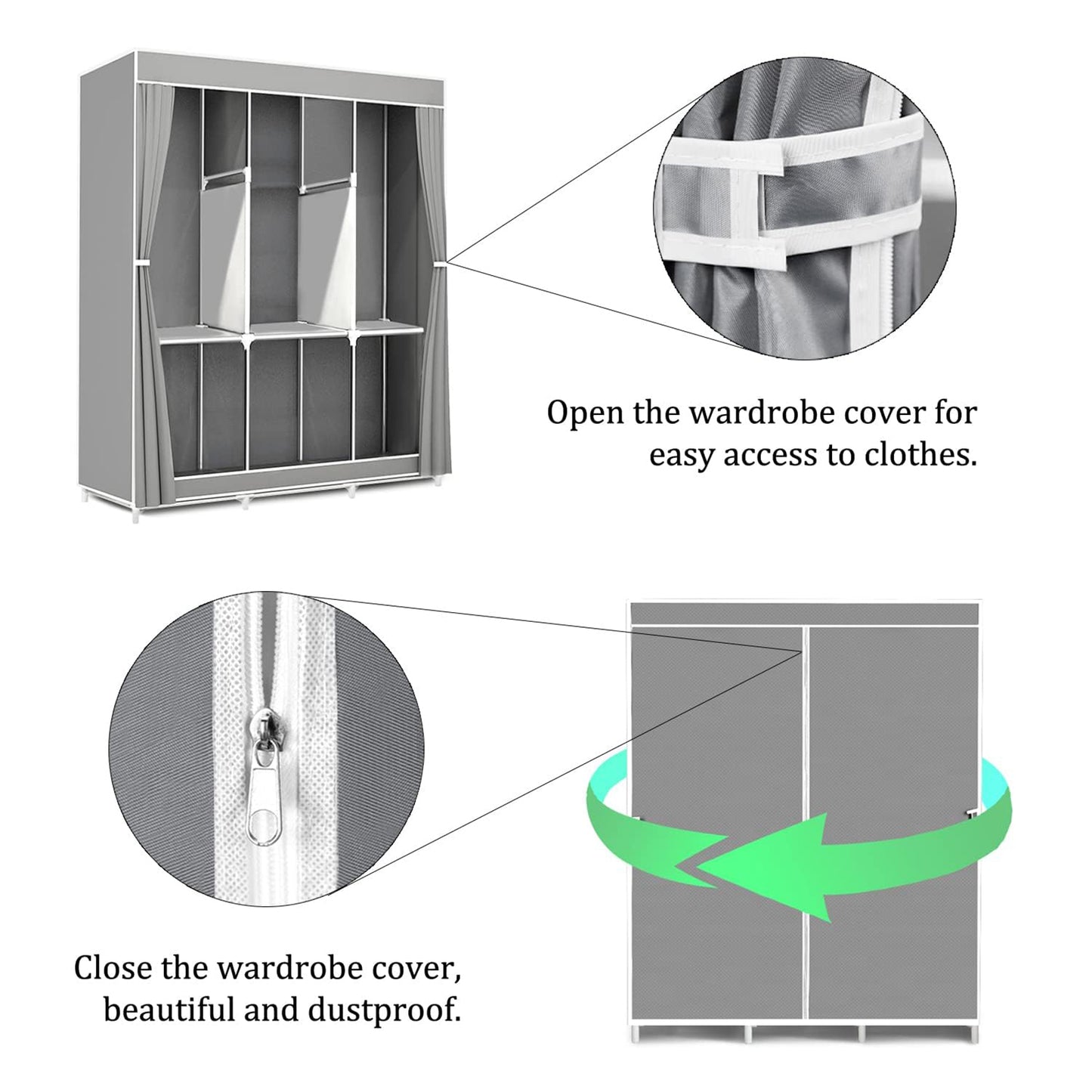 Portable Closet Organizer and Storage with 3 Hanging Rods for Hanging Clothes, 6 Wardrobe Closet Storage Shelves for Bedroom, Easy to Assemble, Grey