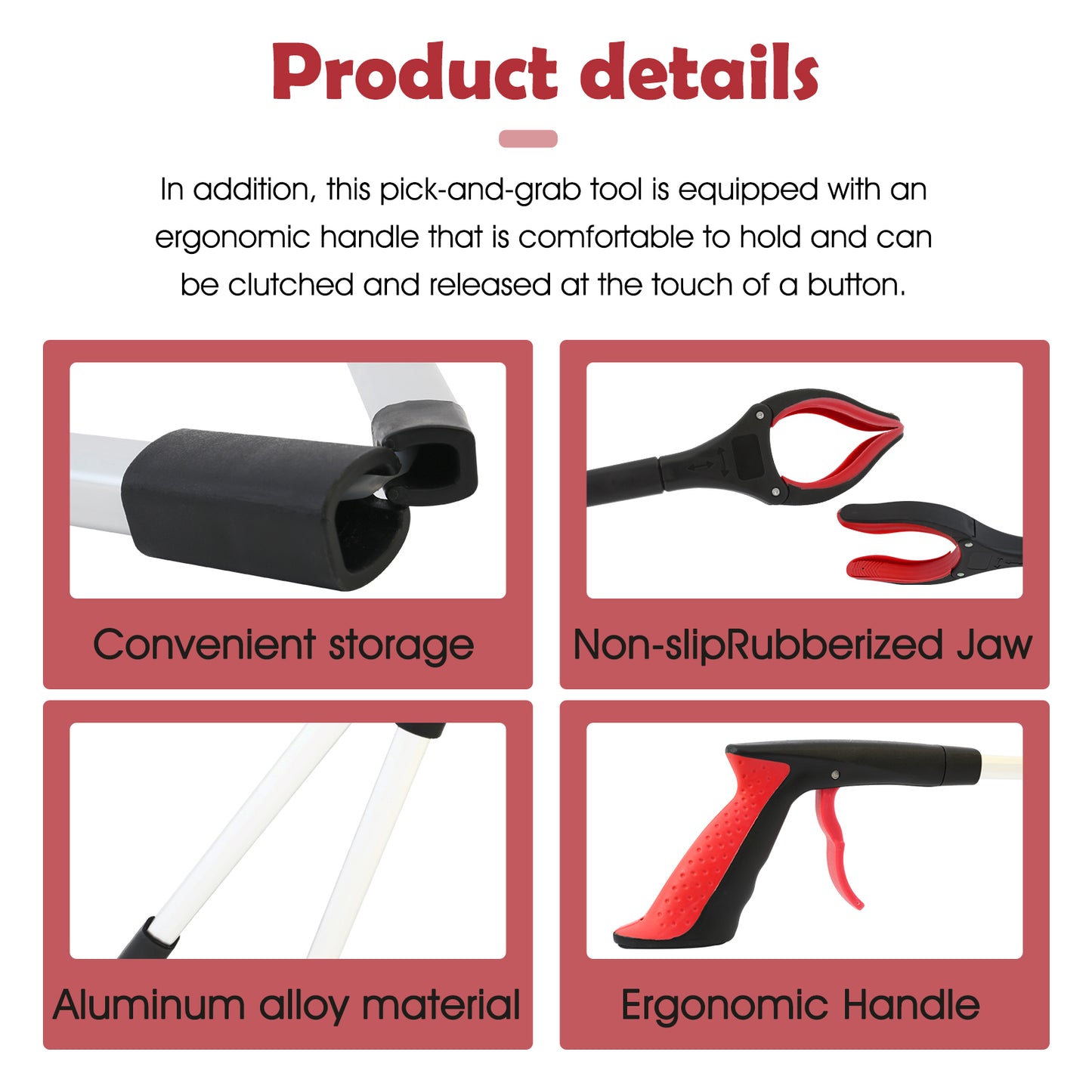 2Pcs 32 Grabber Reacher Tool, Foldable Grabber Reaching Tool, Red