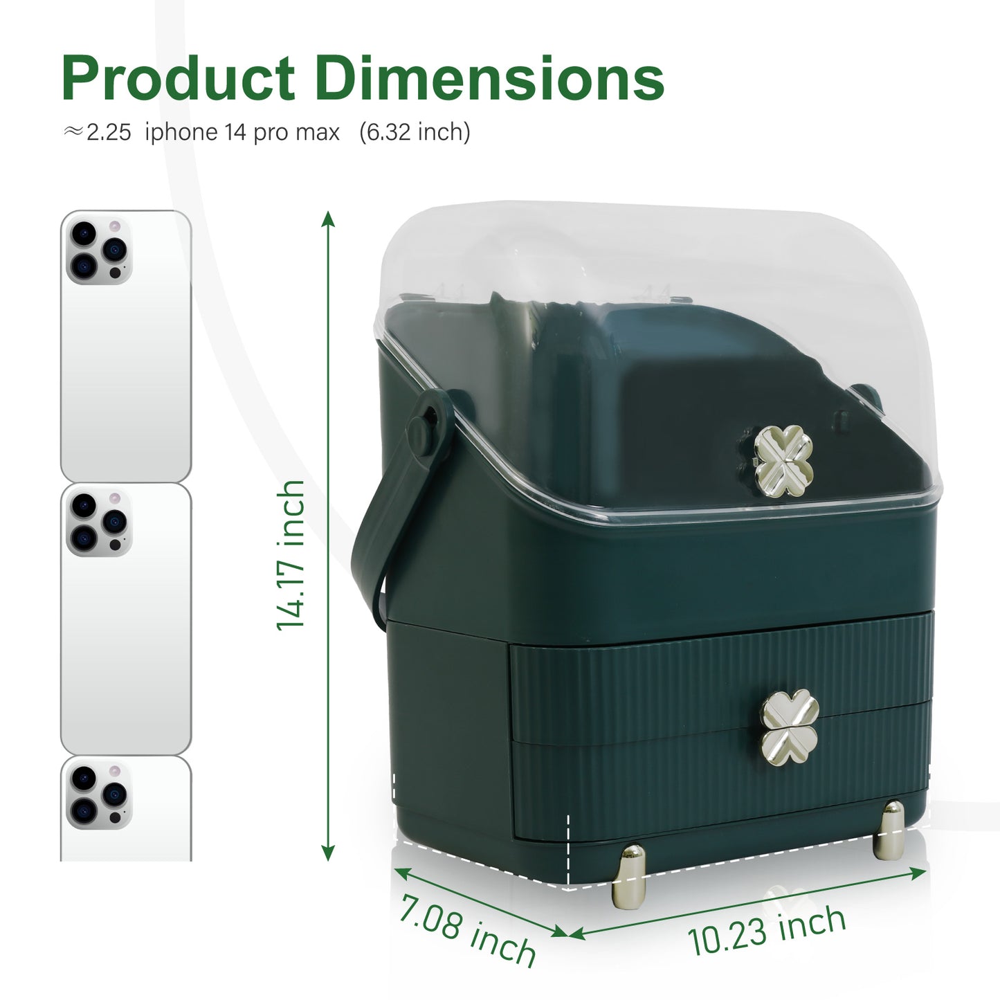 CATGOOD Makeup Organizer Cosmetics Storage with Fully Open Lid, Green, Countertop Cosmetics Display Case, Dresser, Ideal Gift for Women (Dark Green), 10.23*7.08*14.17in