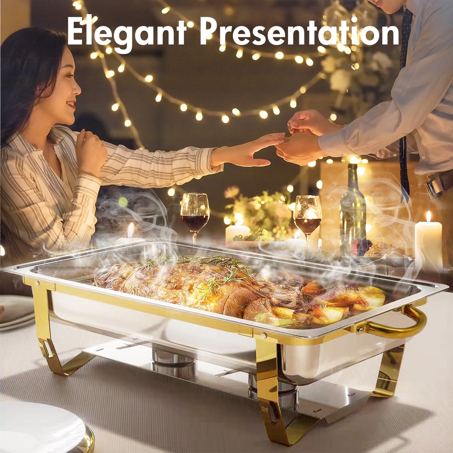 CATGOOD Chafing Dish Buffet Set 4 Pack, 8QT-9QT Rectangular Semi-Gold-Plated Stainless Steel Chafing Dish Set, Buffet Warmer for Hotel Catering, Parties, Weddings, Gold