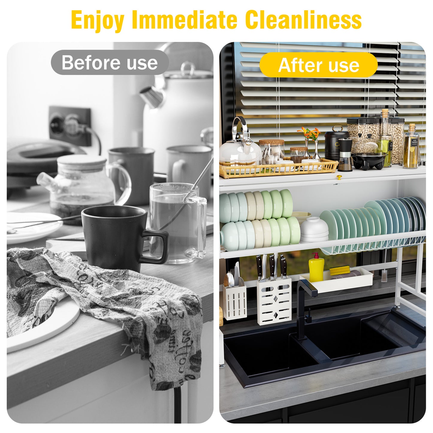 Over the Sink Dish Rack with Cabinet, Multifunctional Dish Drying Rack Above Sink with Visible Cupboard Door for Drying Dishes, Glasses, Bowls, and Utensils, White, Length-41.34"