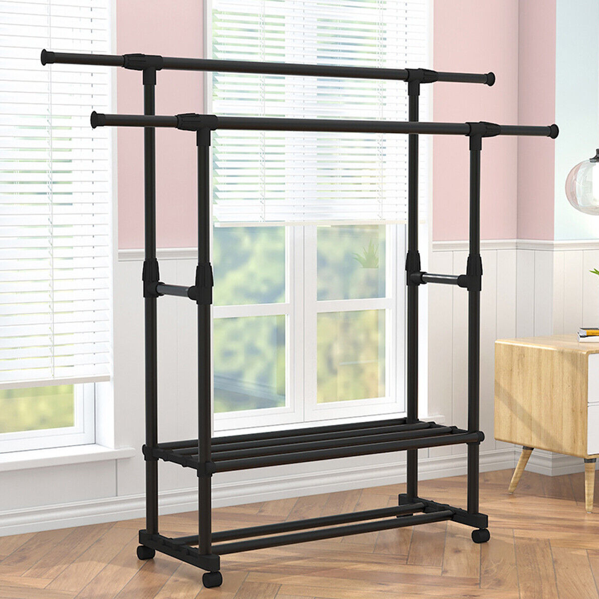 Double rods Clothing rack with Wheels and 2-Tier Storage Shelf, Portable Garment rack Wardrobe Organizer for Bedroom/Living room, Black