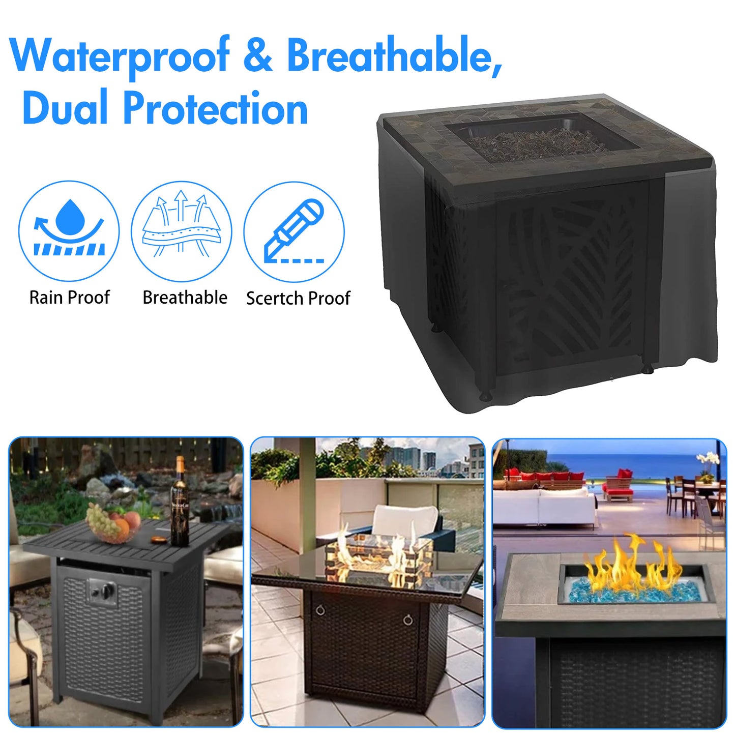CATGOOD Fire Pit Cover Square, Waterproof Square Fire Pit Table Cover, 600D Heavy Duty Fabric with PVC Coating