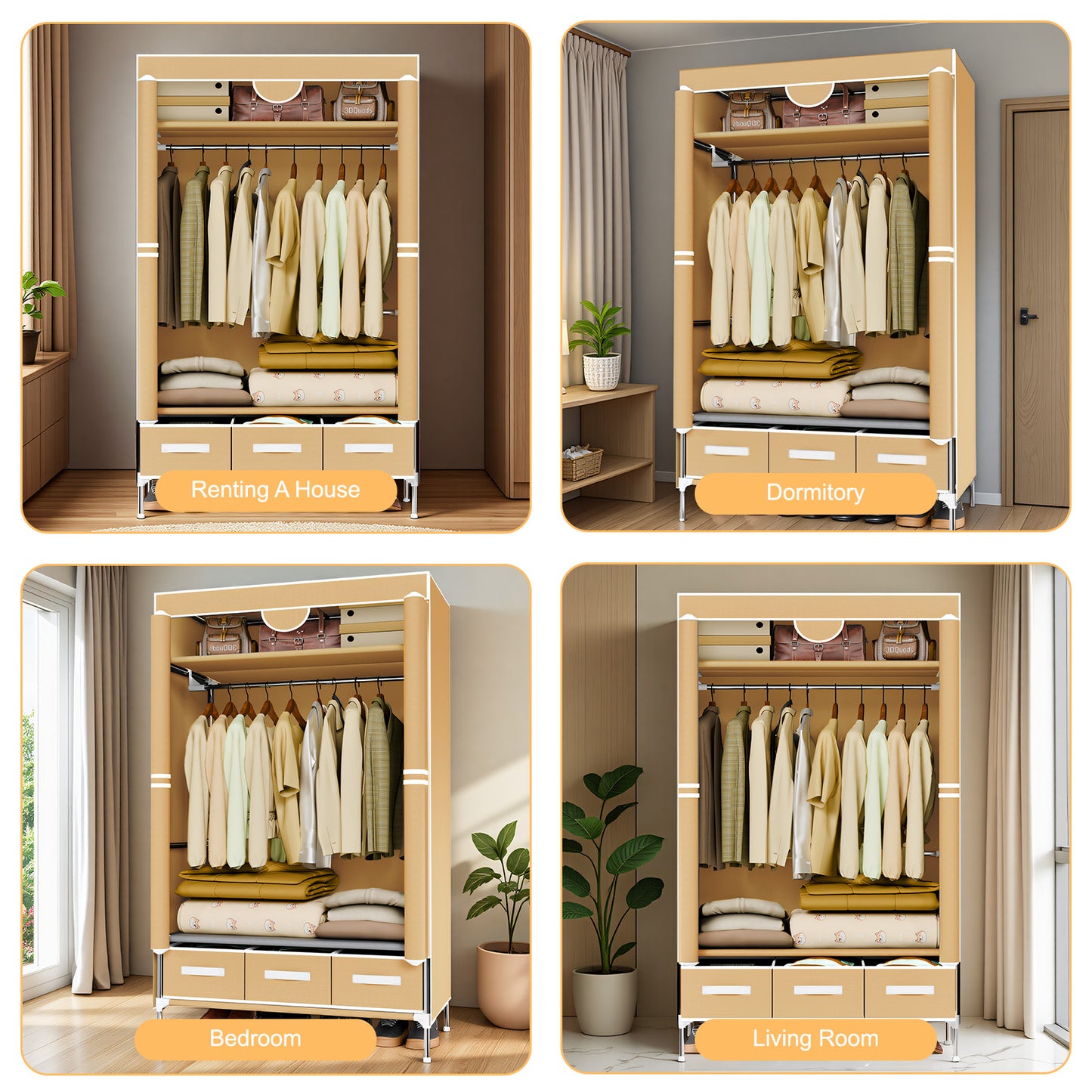 Non-Woven Fabric Closet Organizer for Coats and Bags, Portable Wardrobe Closet Includes 3 Storage Drawers for Home Bedroom, Sturdy & Easy to Assemble, Light Coffee