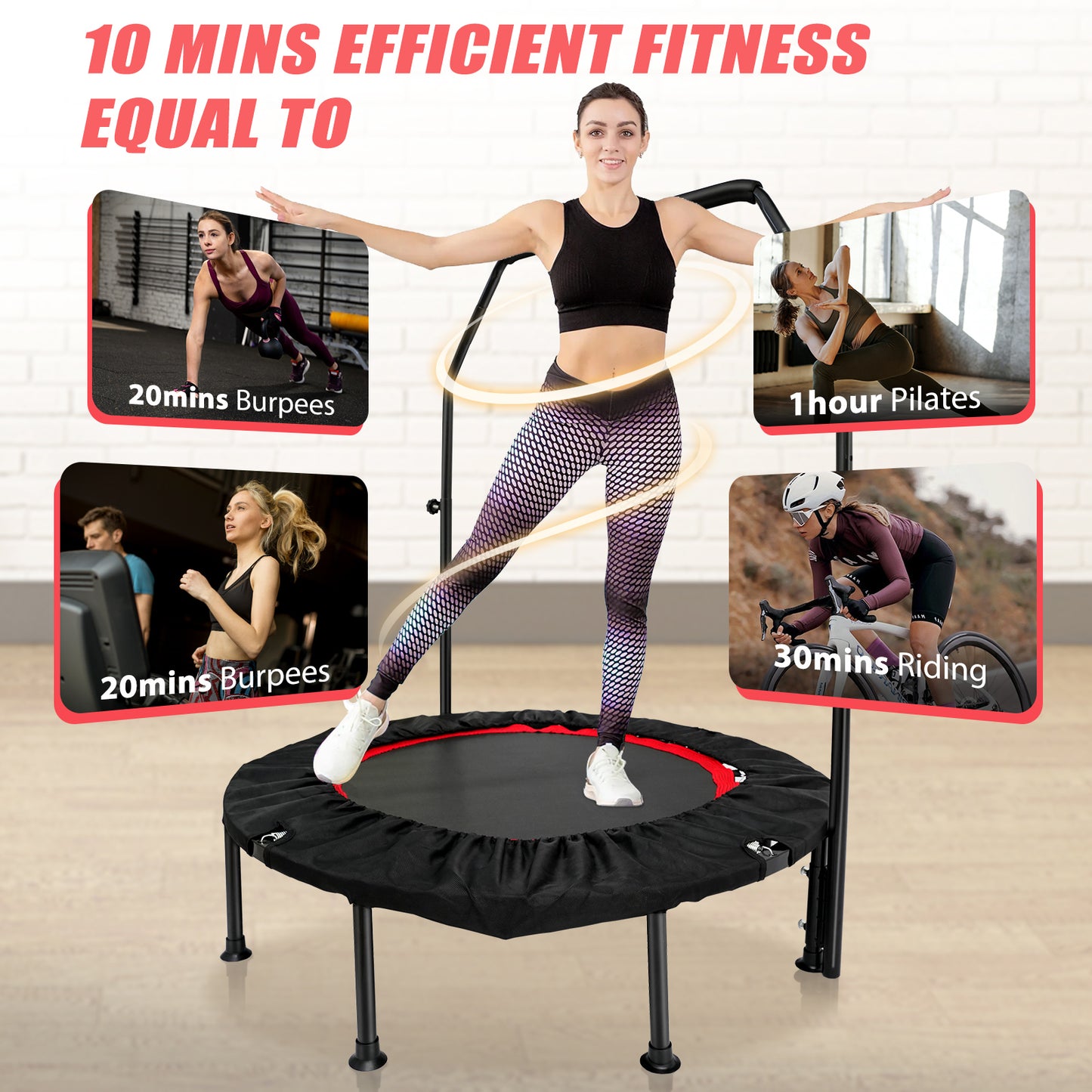 48" Exercise Mini Trampoline, Fitness Rebounder Trampoline for Adults with Adjustable Foam Bar, 330lb, Indoor Trampoline for Adults/Kids
