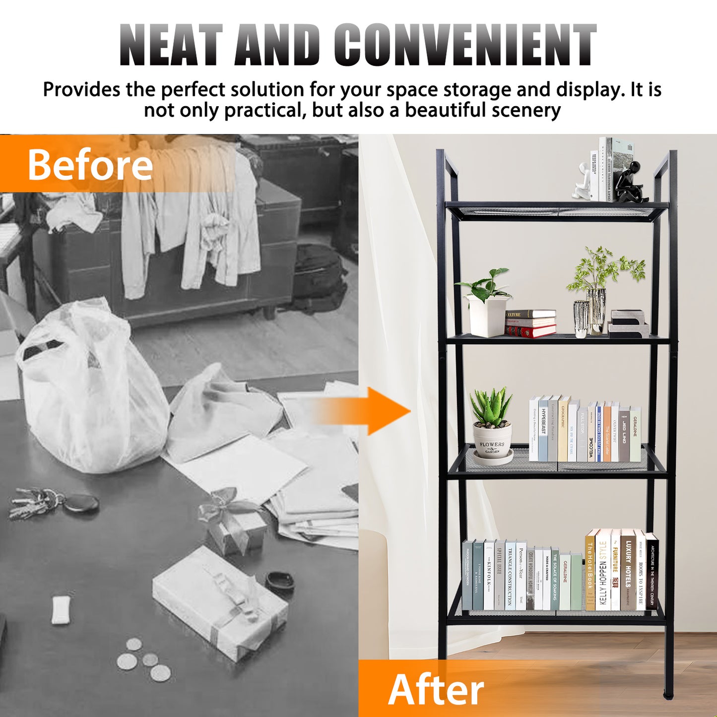 Baokaler Ladder Shelf, 4-Tier Metal Bookshelf Plant Flower Stand Storage Rack Industrial Organizer Modern Shelves Shelving Bookcase Metal Frame for Living Room Kitchen Office 23.6*13.8*57.9in Black