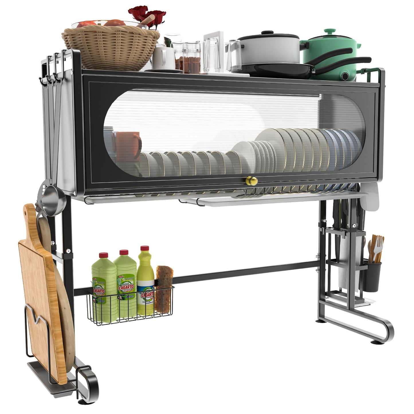 ALSO GO 3-tier Over The Sink Dish Drying Rack, Large Capacity Dish Rack with Cover, Expandable Length & Height, Adjustable Metal Dish Drainer for Kitchen Counter, Space-Saving, Black