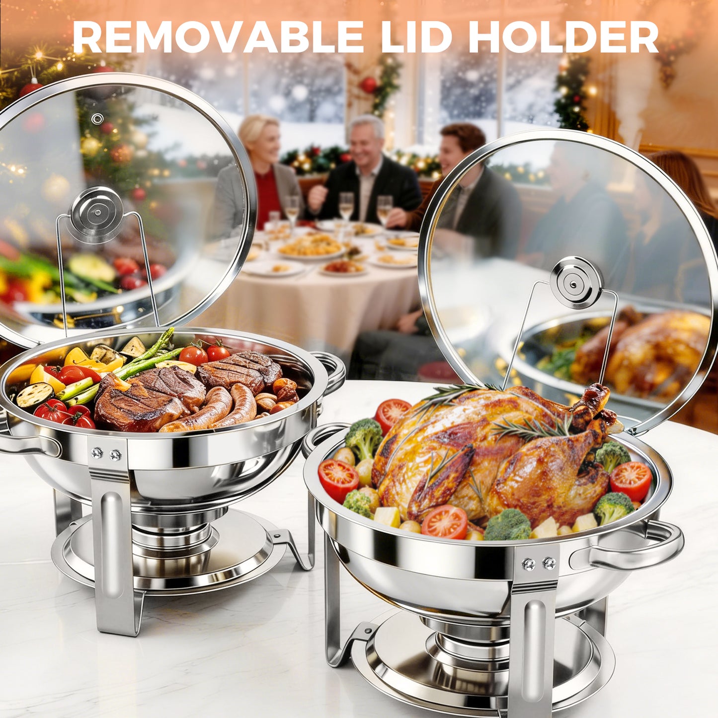Chafing Dish Buffet Set, 5 Qt 4 Pack, Stainless Steel Chafer with 4 Full Size Pan, Round Catering Warmer Server with Glass Lid Water Pan Folding Stand Fuel Holder, for Wedding Party Banquet