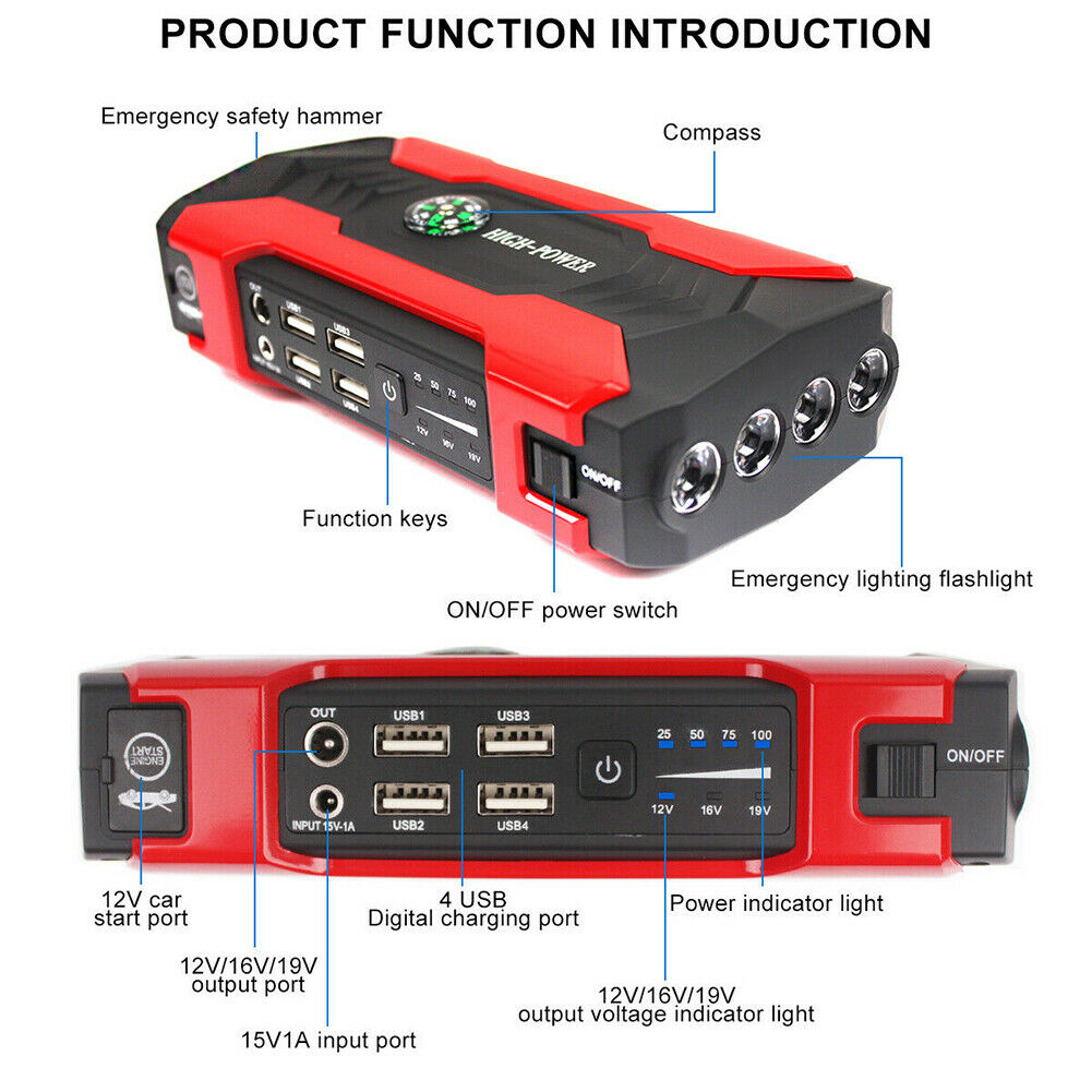Car Battery Jump Starter Portable, 99800mAh Battery Charger for car, High Power Jumper Cables for Auto, Multi-Function Emergency Jump Box with 4 USB Ports and LED Flashlight