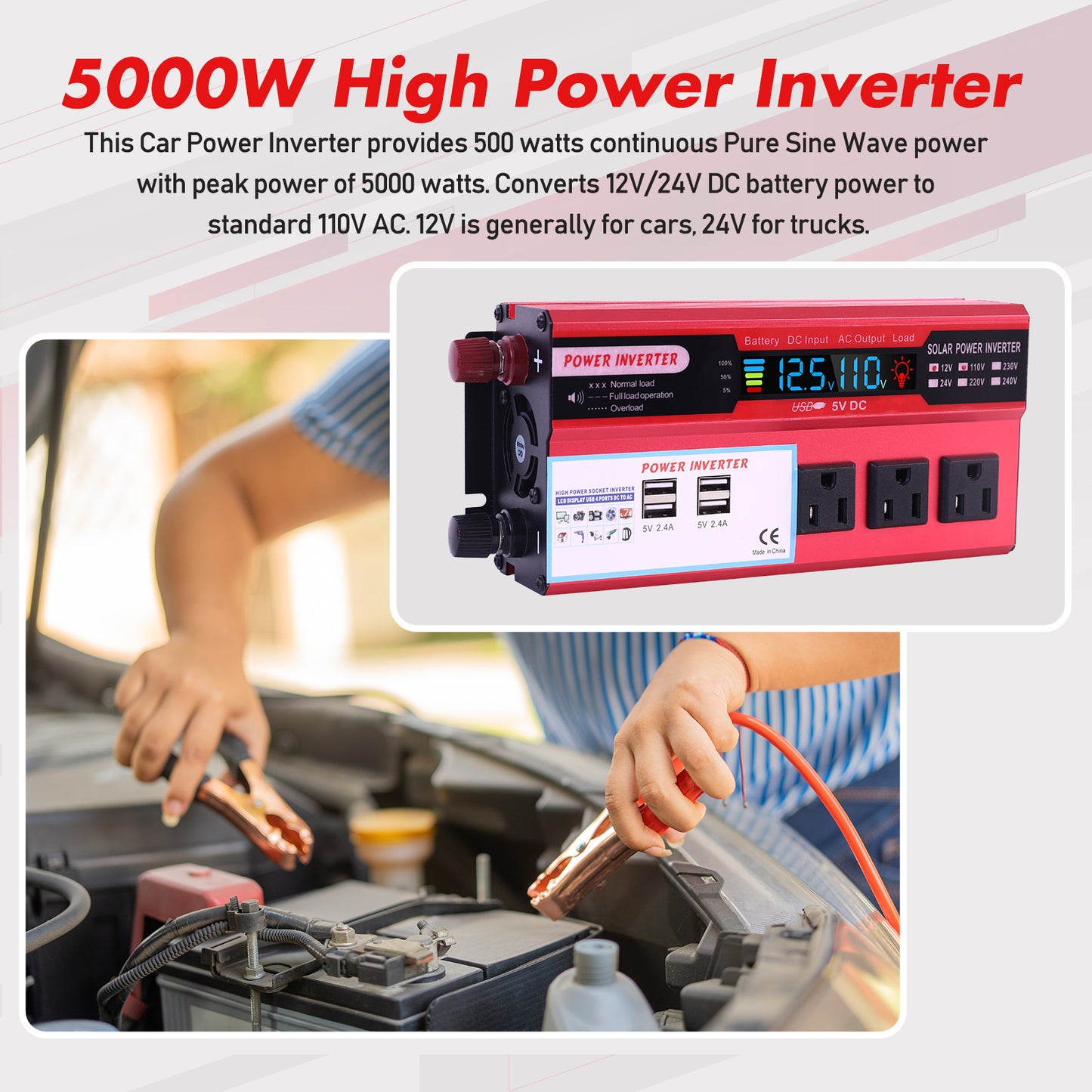 5000W Car Power Inverter DC 12V To 110V AC Pure Sine Wave Converter LCD