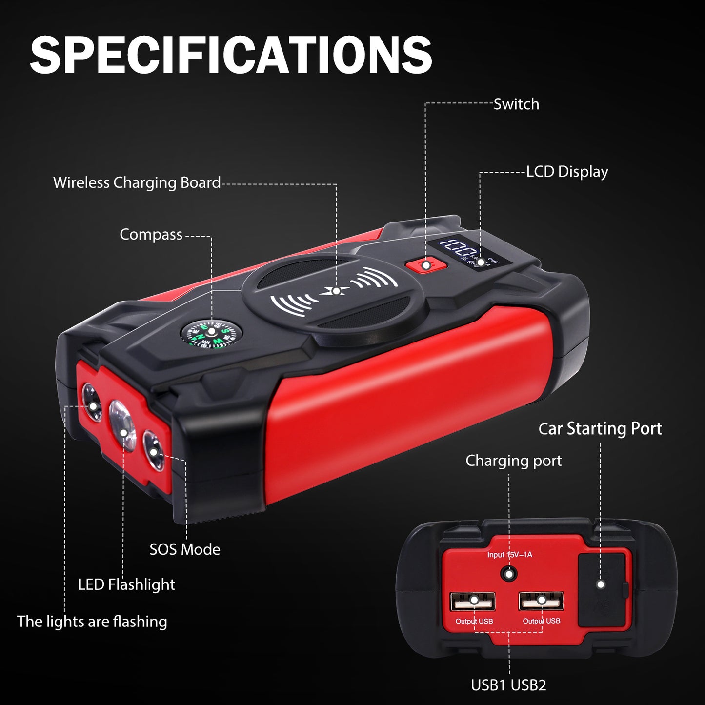 Portable Car Jump Starter 4000A Peak 39800mAH Battery Jump Starter, Up to 8.0L Gas or 6.5L Diesel, 12V Auto Battery Booster with Wireless Charging & LCD Display, 4 LED Modes, Power Bank Charger