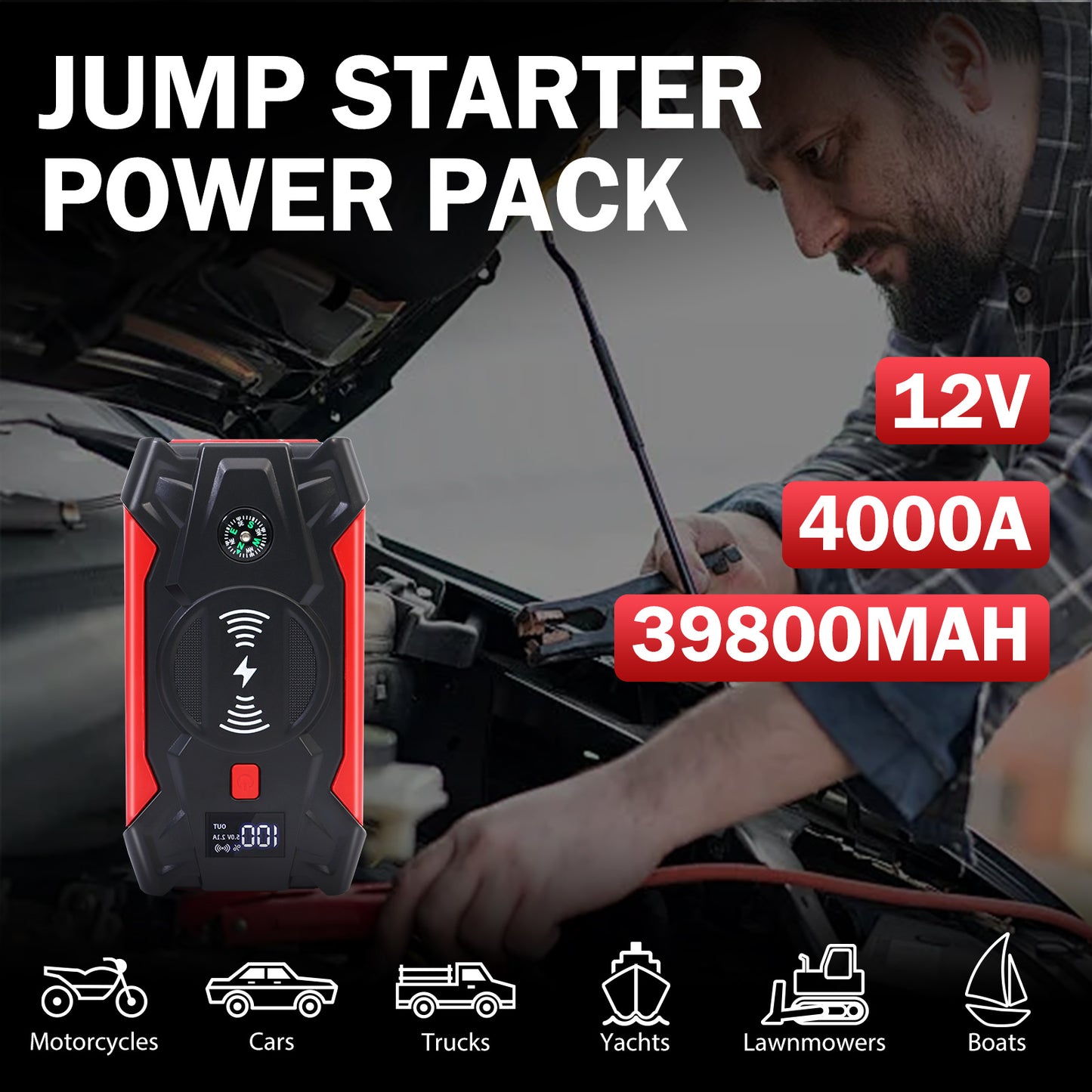 Portable Car Jump Starter 4000A Peak 39800mAH Battery Jump Starter, Up to 8.0L Gas or 6.5L Diesel, 12V Auto Battery Booster with Wireless Charging & LCD Display, 4 LED Modes, Power Bank Charger