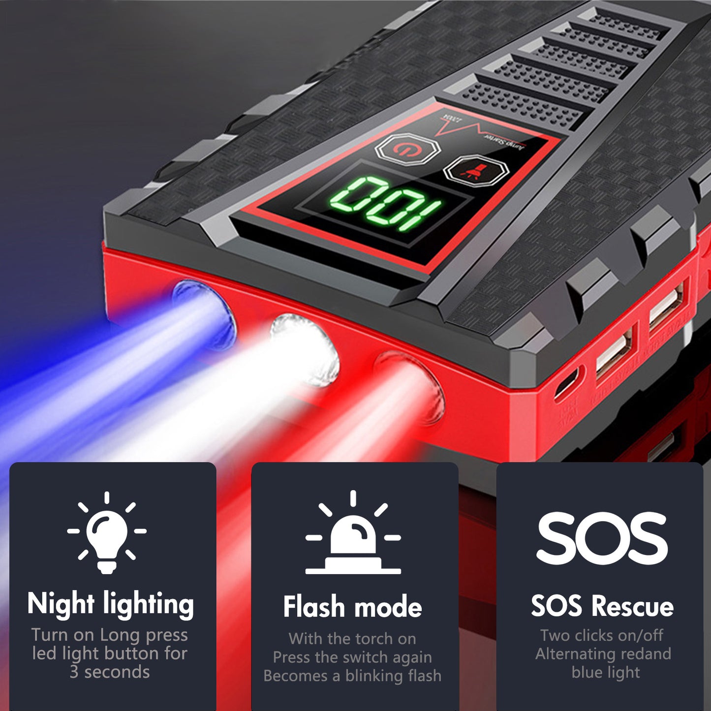Multi-functional Car Jump Starter, 5000A Peak 99800mAh Battery Jump Starter, LCD Display & 3 LED Modes, Portable Power Bank Charger