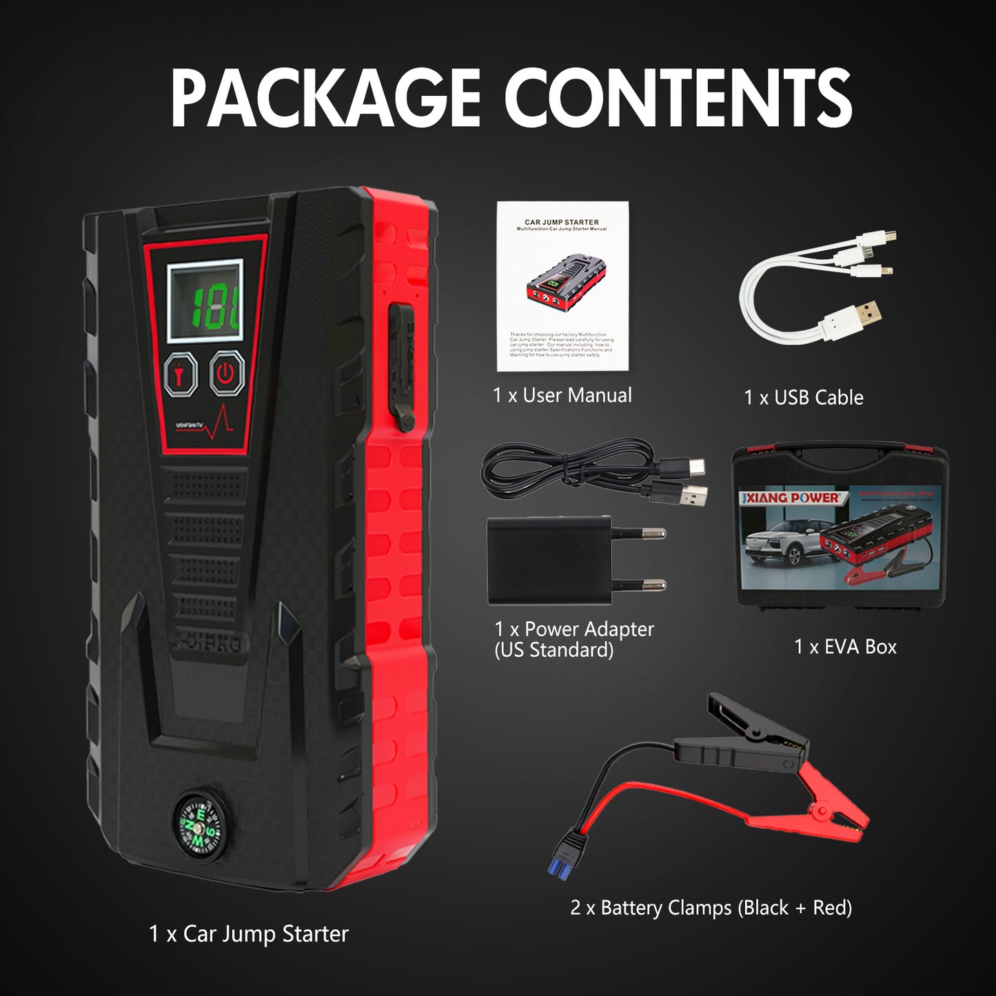 Multi-functional Car Jump Starter, 5000A Peak 99800mAh Battery Jump Starter, LCD Display & 3 LED Modes, Portable Power Bank Charger