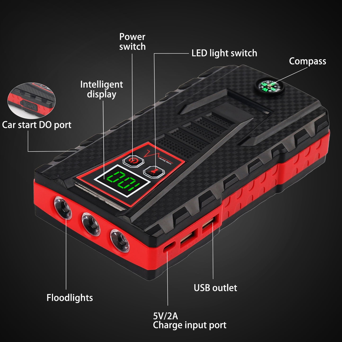 Multi-functional Car Jump Starter, 5000A Peak 99800mAh Battery Jump Starter, LCD Display & 3 LED Modes, Portable Power Bank Charger