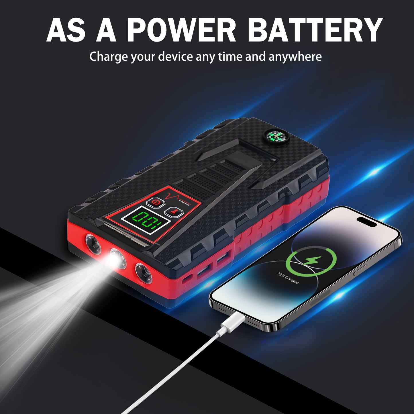 Multi-functional Car Jump Starter, 5000A Peak 99800mAh Battery Jump Starter, LCD Display & 3 LED Modes, Portable Power Bank Charger