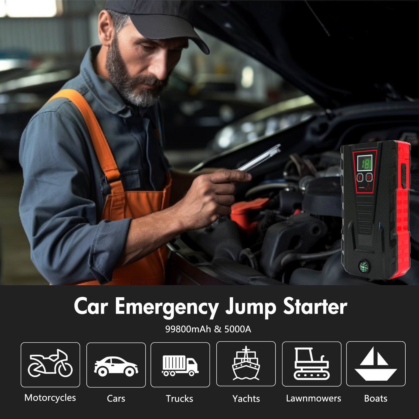Multi-functional Car Jump Starter, 5000A Peak 99800mAh Battery Jump Starter, LCD Display & 3 LED Modes, Portable Power Bank Charger