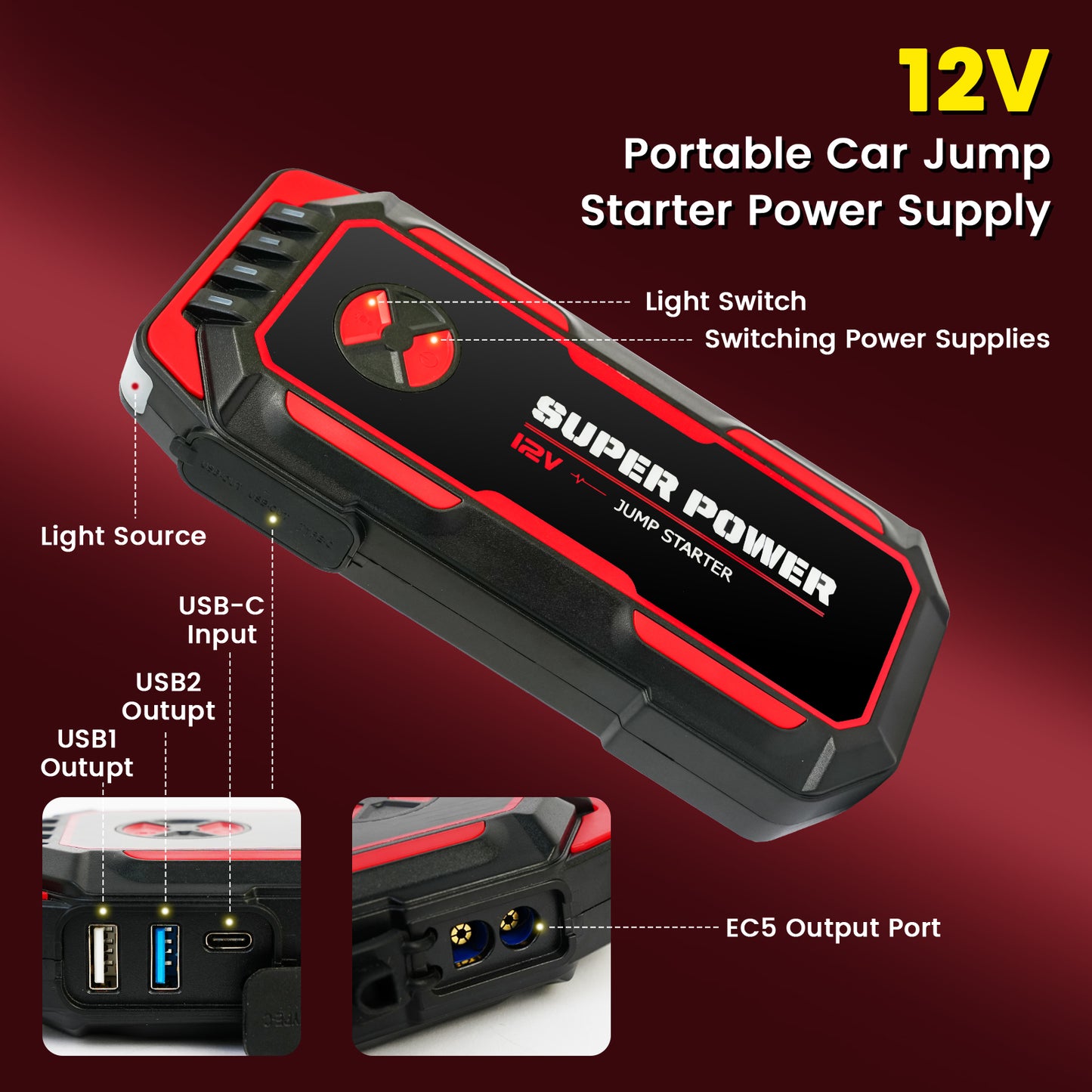 5000A Peak Power Portable Car Jump Starter, Compact Battery Jumper Box with USB Ports, LED Flashlight