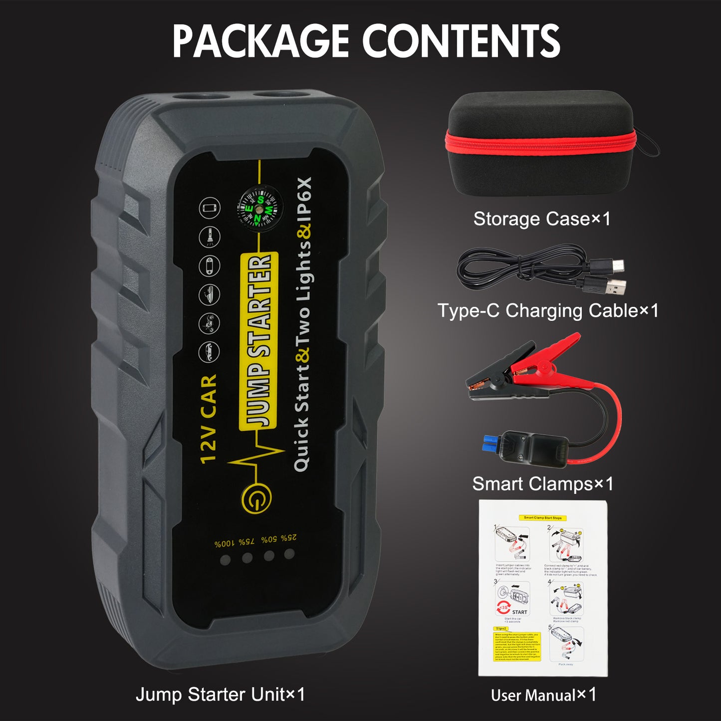 Car Battery Jump Starter Portable, 6000A Peak Jump Box Starter for Car with Indicator Lights, Smart Clamps, Charging Cable, Storage Case For 12V Diesel and Gasoline Vehicles